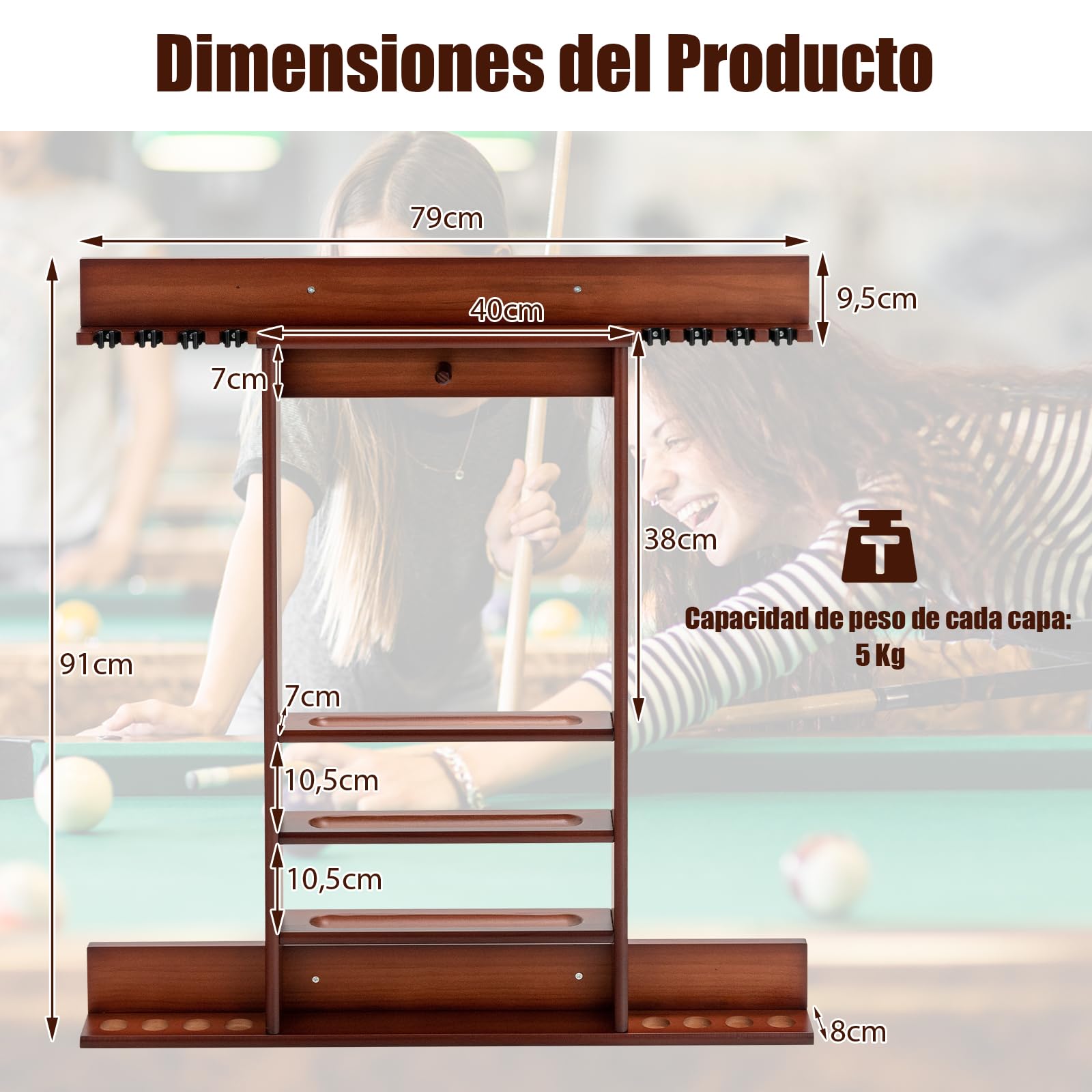 GOPLUS Soporte para Tacos de Billar de Madera de Pino, Soporte para 8 Tacos, 15 Bolas de Billar y Accesorios de Billar, Taquera Billar para Sala de Billar, Bar, Club, Montaje en Pared (Marrón)