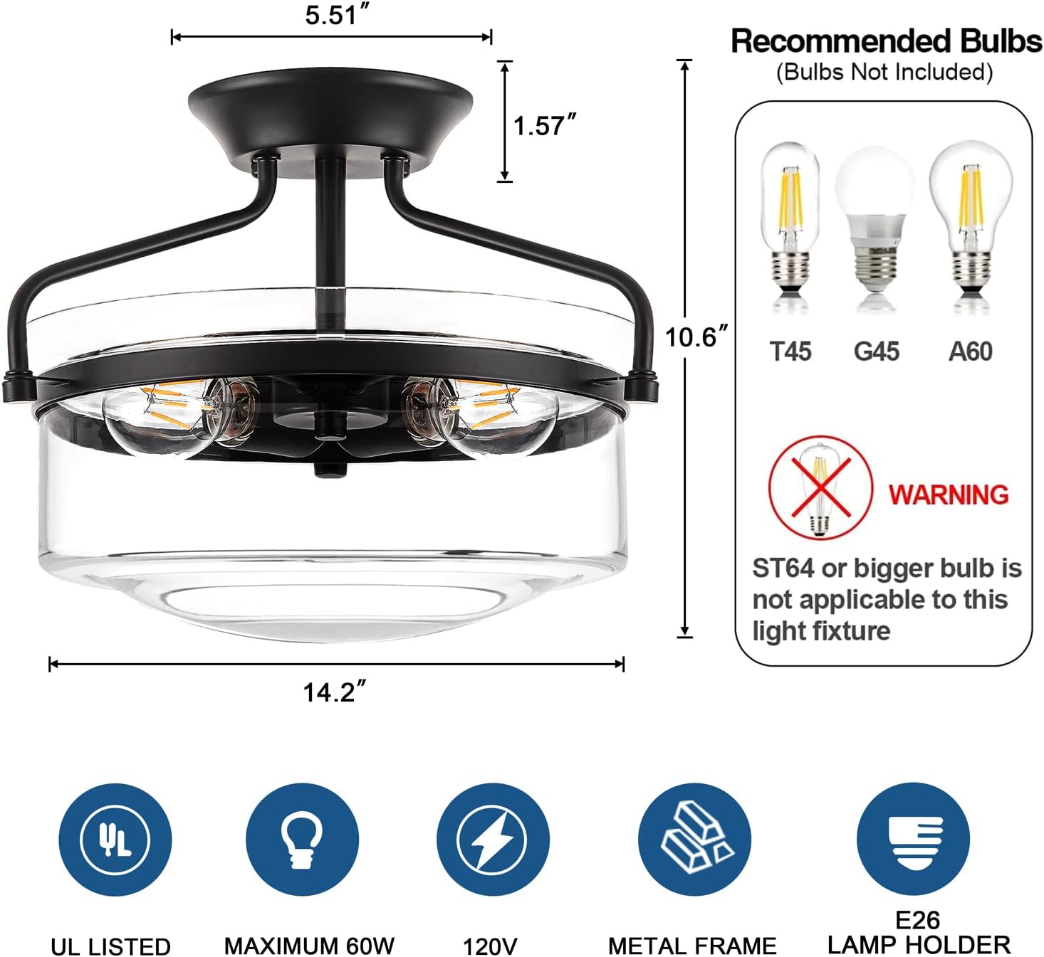 2-Light Semi Flush Mount Ceiling Light, 14.2" Farmhouse Light Fixtures for Bedroom Porch Hallway Kitchen Entryway, Black Modern Ceiling Light with Clear Glass Shade