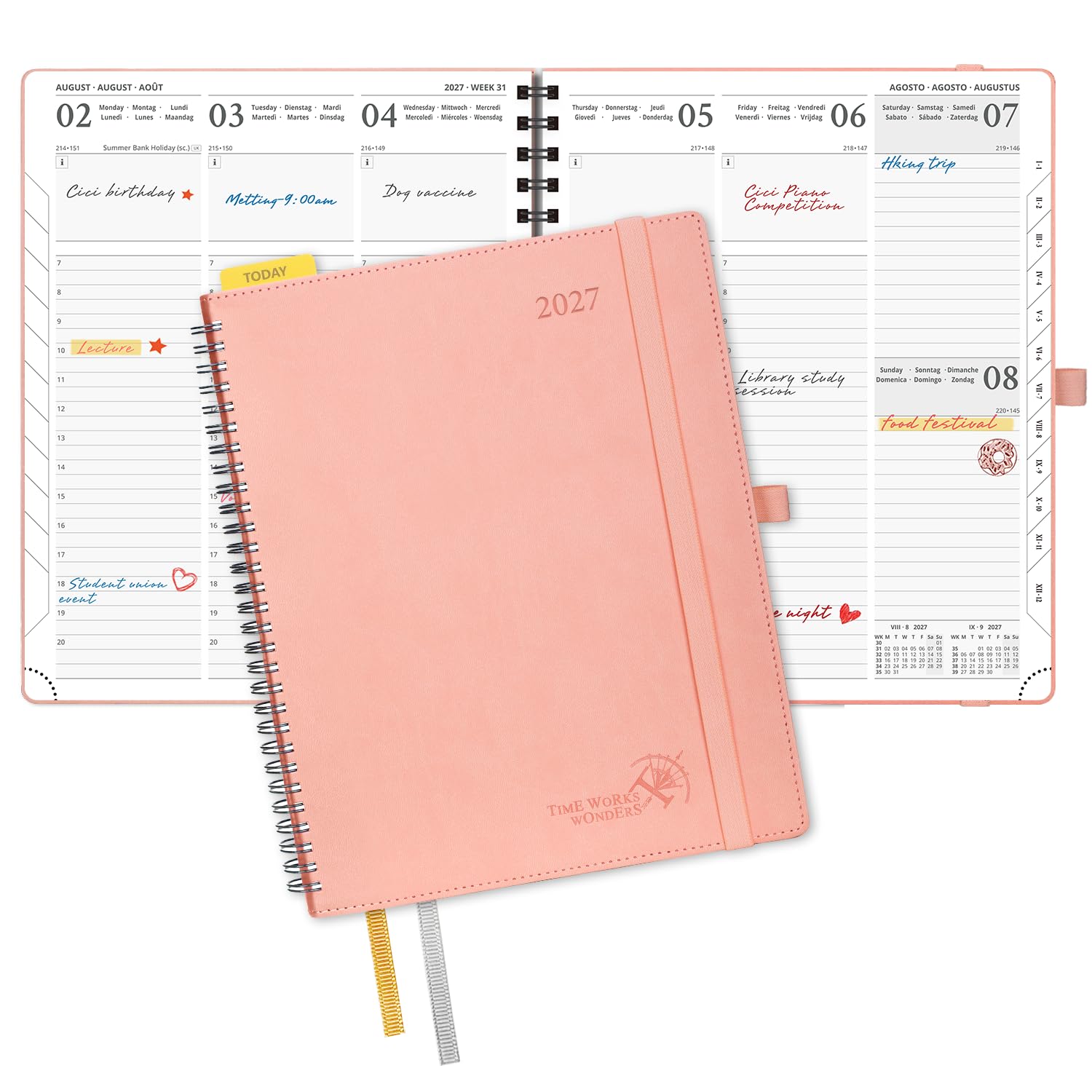 POPRUN Diary 2027 Week View Spiral Vertical 26 x 21 cm | 12 Months, Jan 2027-Dec 2027, Soft Cover, Positioning Ruler, 100 GSM Paper, Pink
