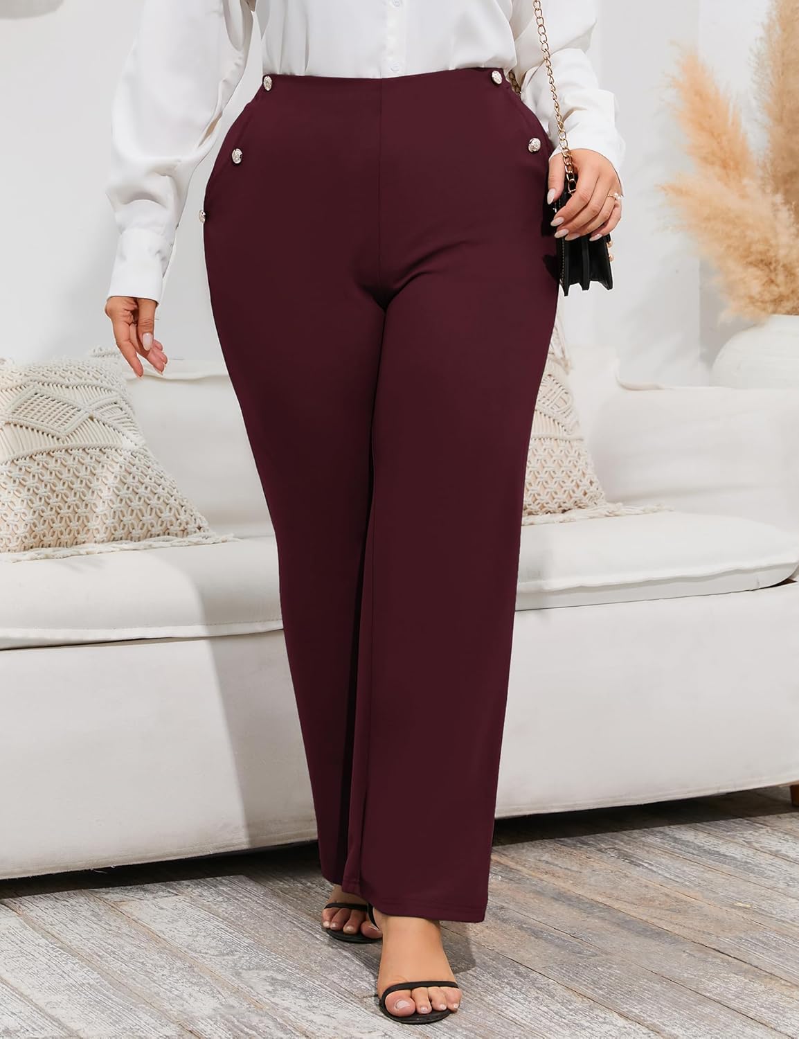 Yesfashion Plus Size Women Flared Trousers Slim Fit Long Dress Pants Stretchy Casual Work Side Pockets Elastic Waist - Image 4