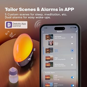 Dekala RestOnn Sunrise Alarm Clock Sunset Sound Machine 7-Day Programmable Loud Dual Alarm Clock, White Noise Natural Sounds for Sleeping Bluetooth Speaker Amber Night Light Smart App Control