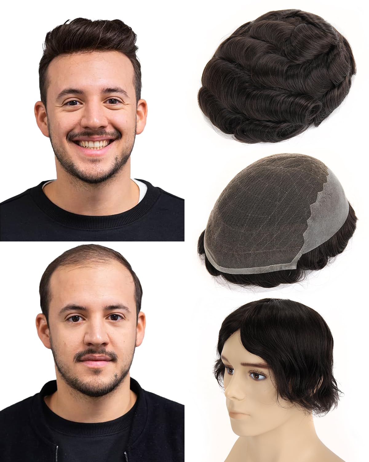 BEEOS Skinlike Real HD Lace Toupee Hair for Men, 8x10 Inch HD Lace with Thin Skin Base Back and Side Q6 Mens Hair Piece, 130% Density Mens Wig #1B