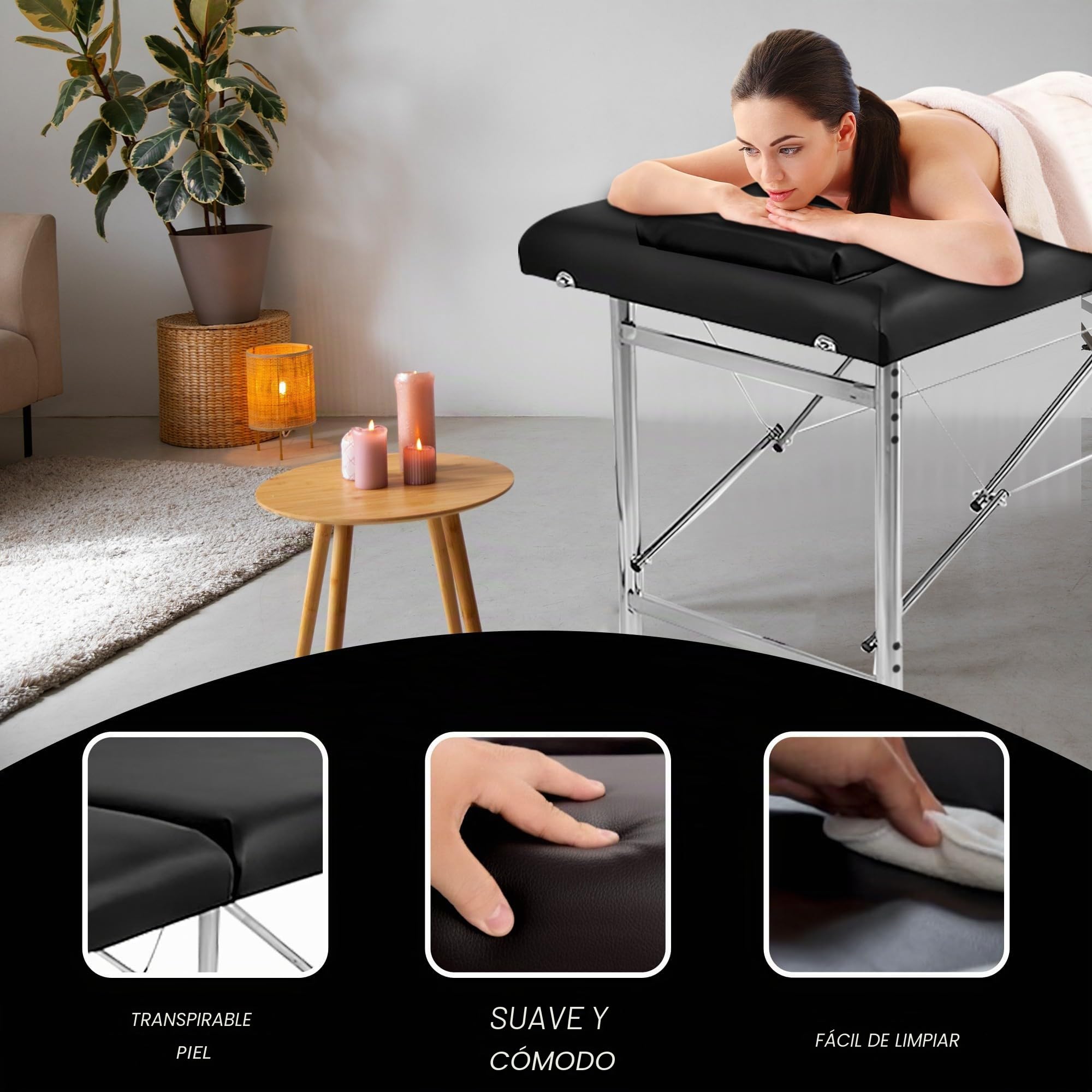 Mesa de masaje plegable profesional Maya de 2 planos, ligera y ergonómica con asa integrada, revestimiento de piel sintética, comodidad óptima (aluminio, negro)