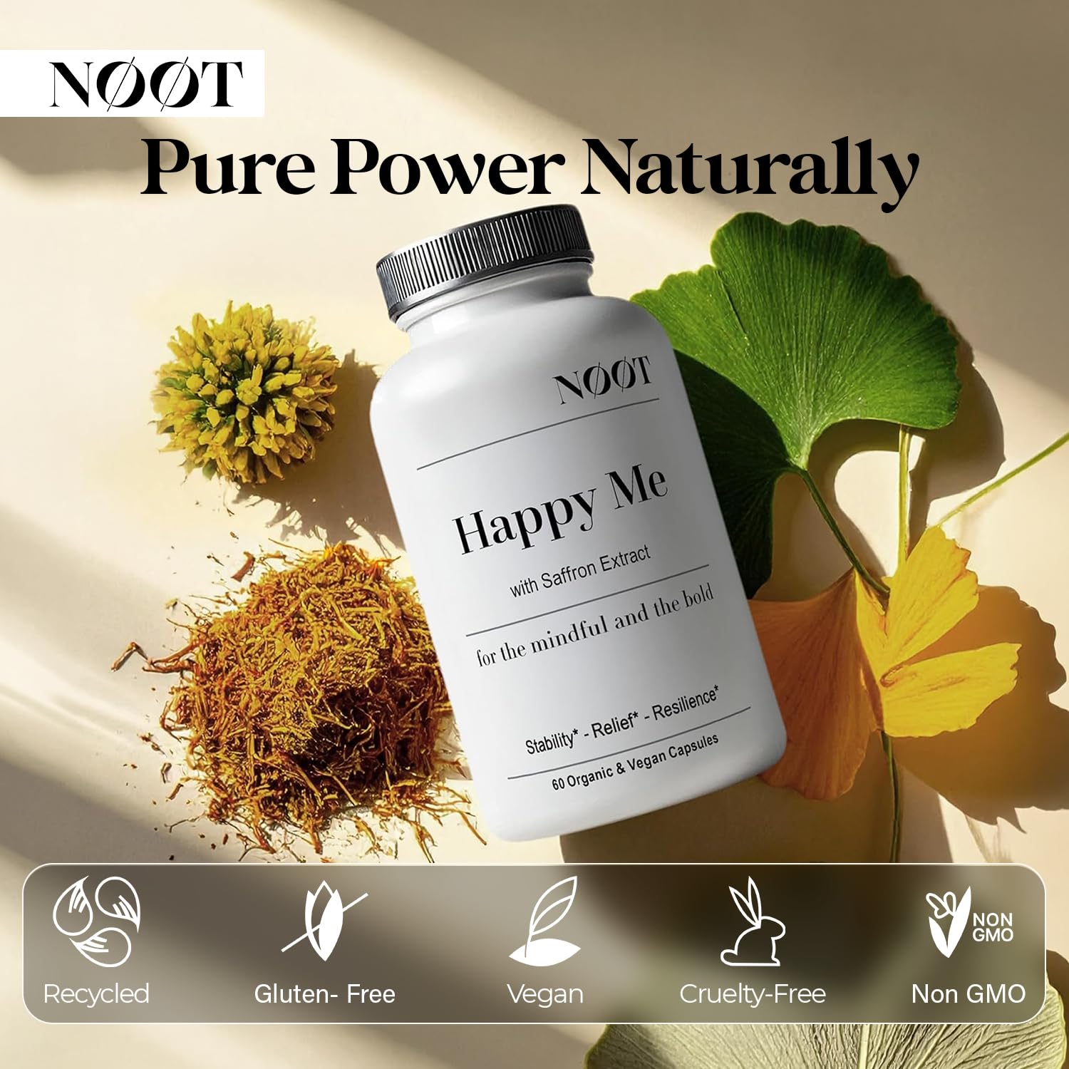 NOOT Happy Me – Natural Mood Support Supplement for Women & Men | Saffron Supplement with Rhodiola & Maca Adaptogens | Supports Calm & Emotional Balance | Vegan, Plant-Based Happy Pills | 60 Capsules — Amazon image 2