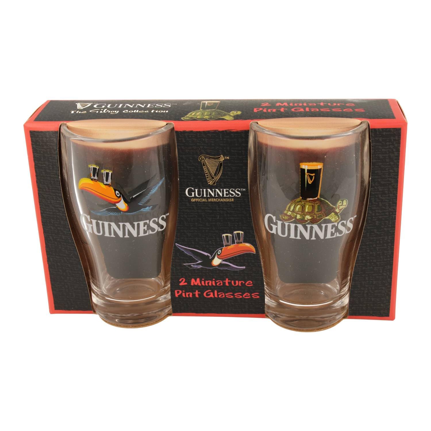 Guinness Mini Pint Glasses 2 Pack – Flying Toucan & Tortoise Design | Official Merchandise | Collectable Shot Glass Set