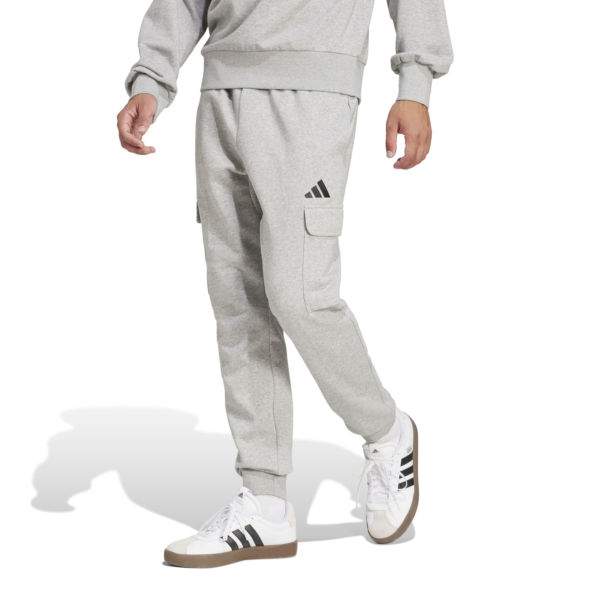 adidas Men's Essentials Feelcozy Fleece Cargo Pants, Medium Grey Heather/Black, XS