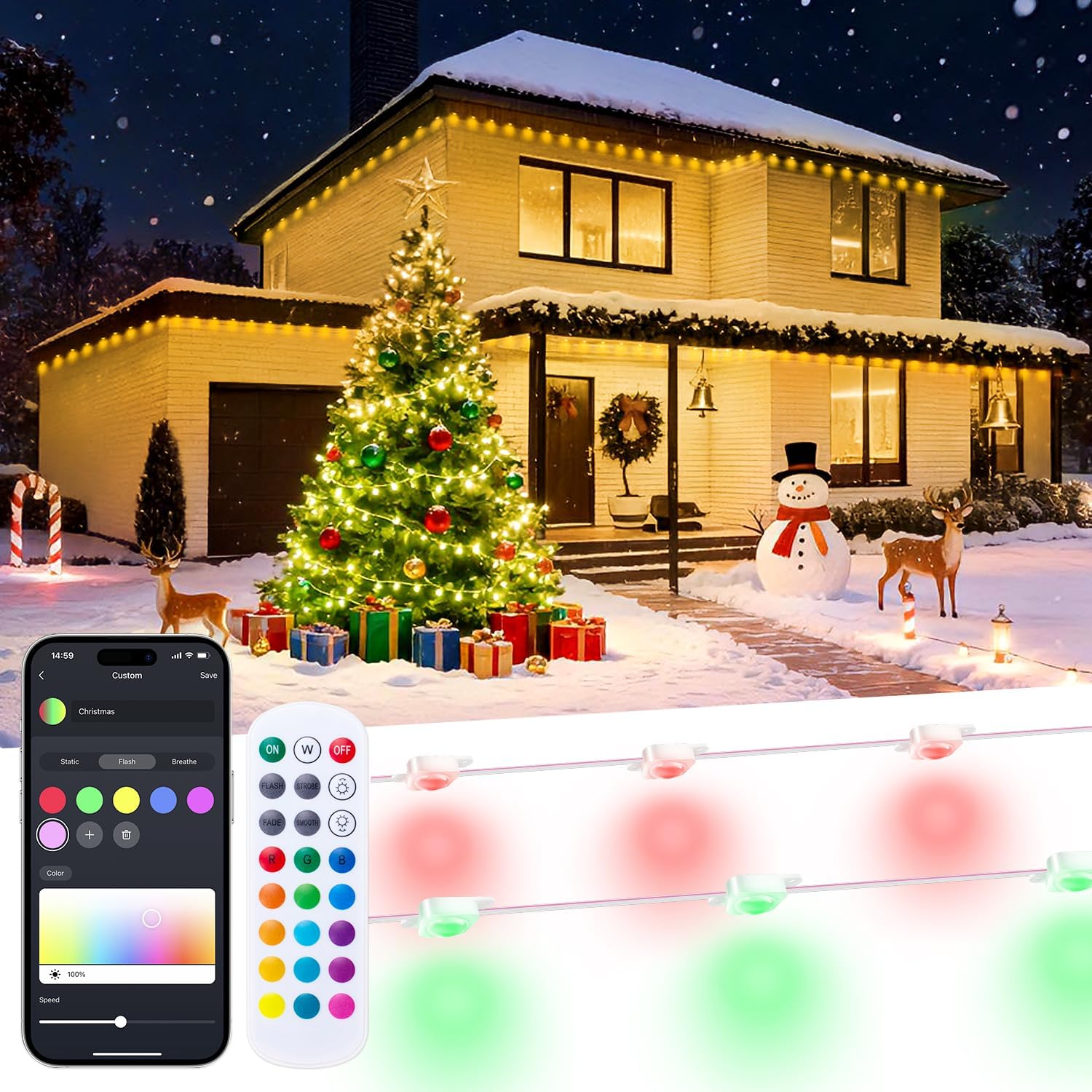 Smart 100FT Permanent Outdoor Lights, RGB LED Lights Outside with App Control - DIY Colors Scene Modes, IP67 Waterproof Eaves Lights for Christmas Halloween Holiday Daily House Roof Eternity Lighting