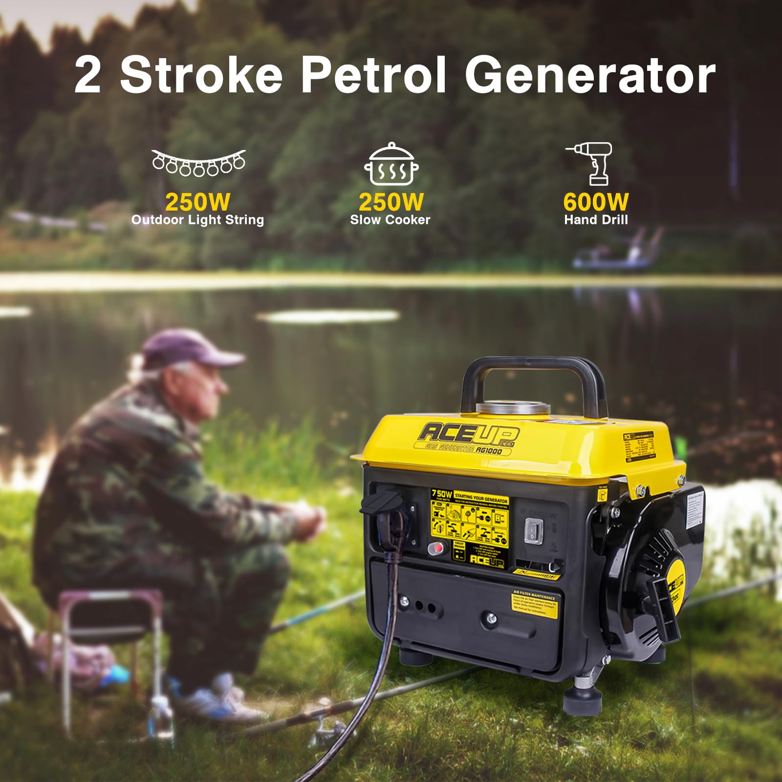 Aceup Energy Generador de gasolina de 750 W, generador portátil de 230 V, 2 tiempos, ultraligero, EURO-V y CE