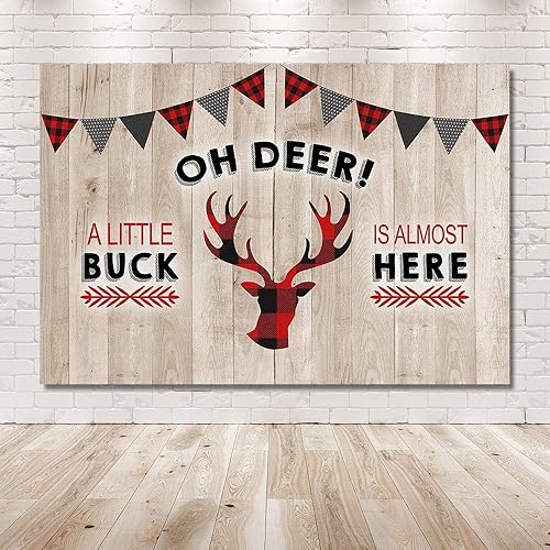 Miniatura 6 de MEHOFOTO - Fondo de fotografía para baby shower de bebé de 7 x 5 pies, decoración de fiesta de madera rústica Oh Deer Baby Shower Invierno negro y
