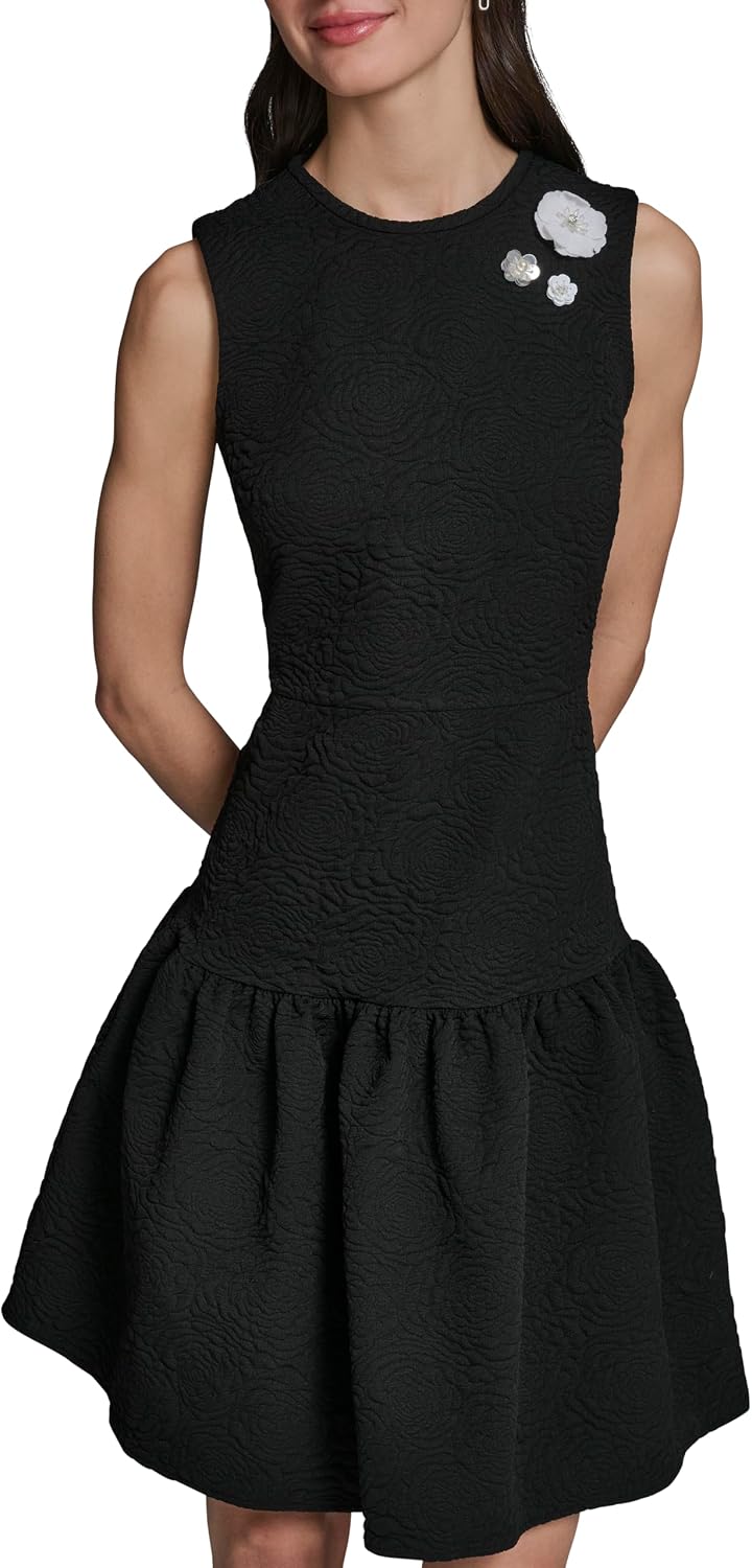 Karl Lagerfeld Women's Sleeveless Crew Neck Floral Jacquard Drop Waist Flower Detail Dress