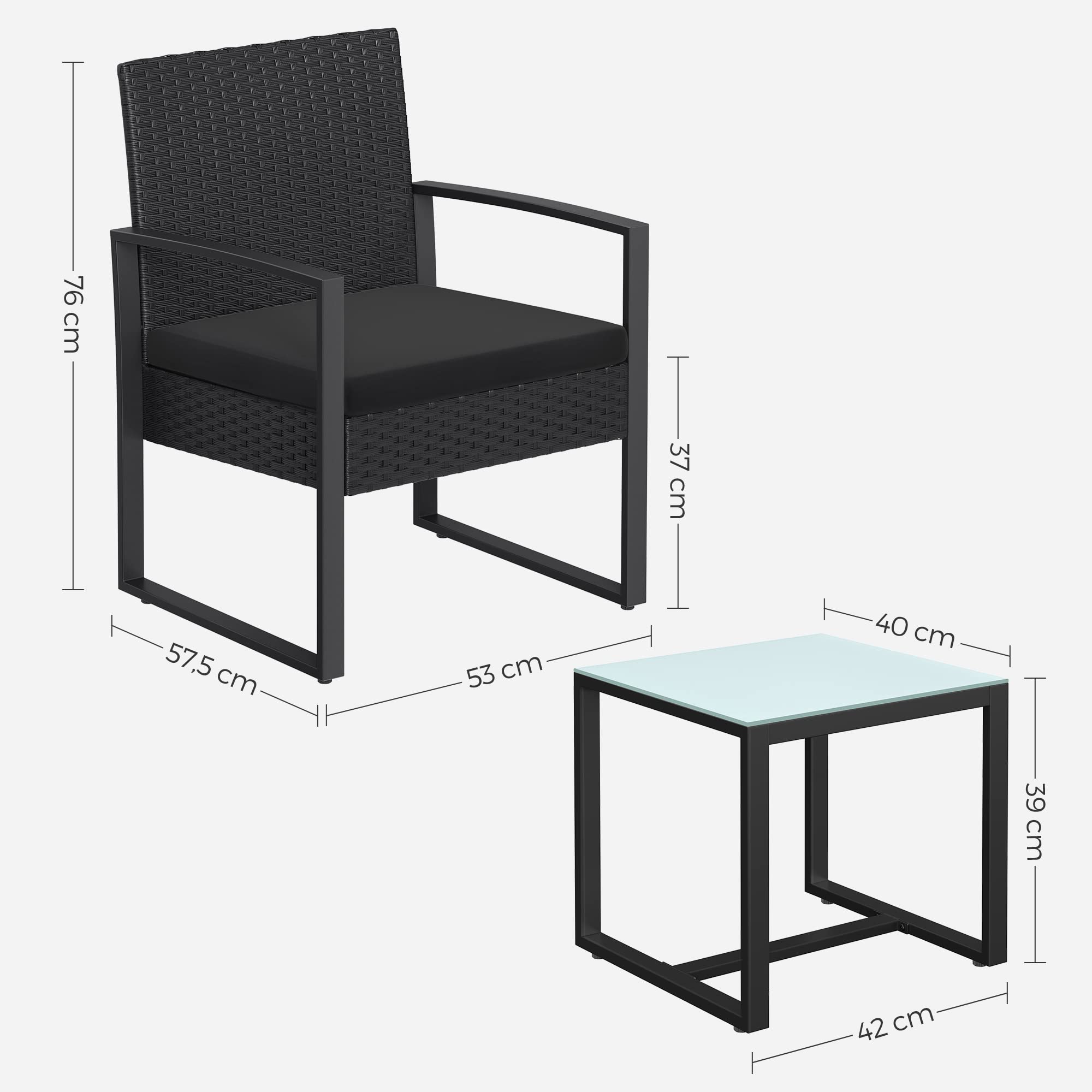 SONGMICS Salon de Jardin Extérieur, Ensemble de Mobilier, 3 Pièces, Surface Tressée en PE, pour Bistrot, Terrasse, Jardin, Balcon, Montage Facile, 2 Chaises et 1 Table, Noir GGF010B05