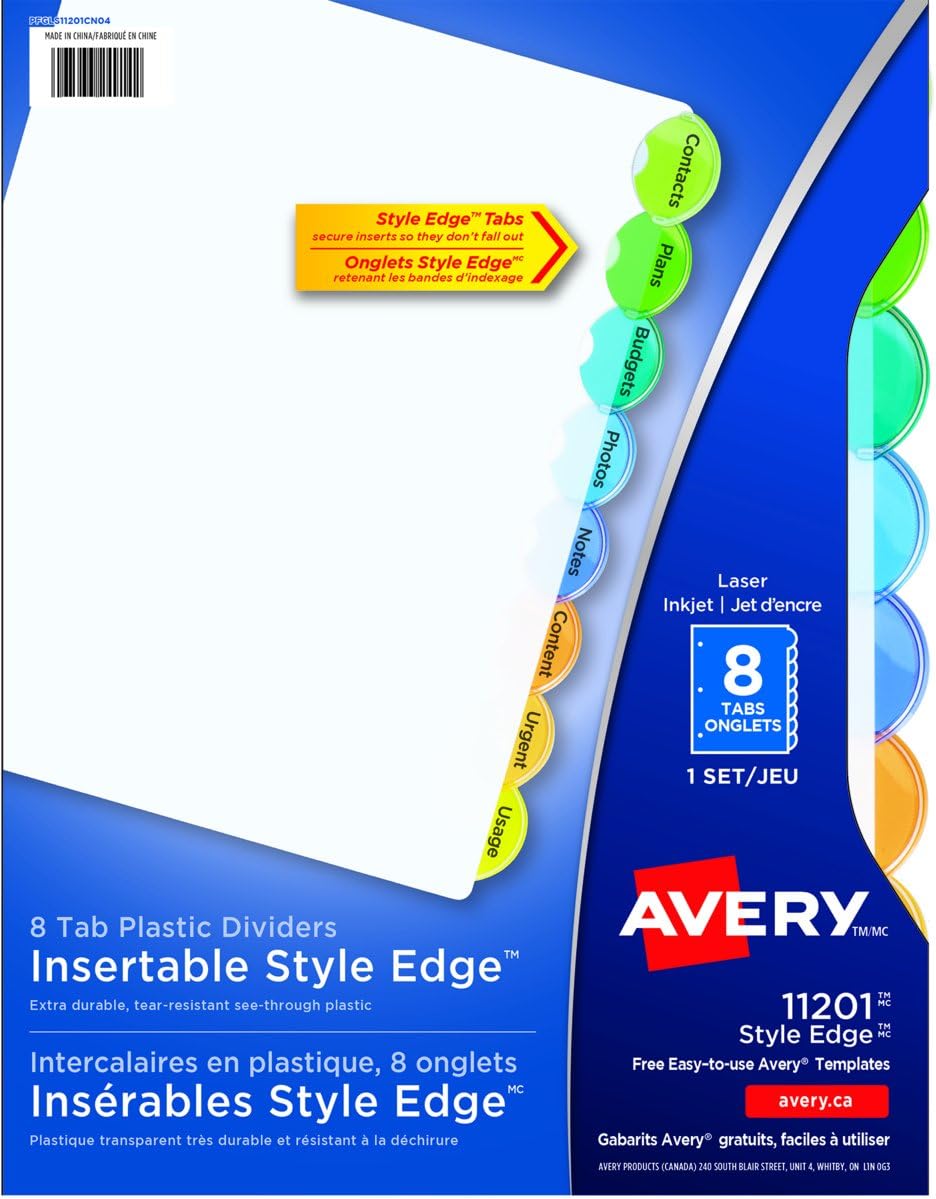 Avery 8Tab Plastic Binder Dividers, Insertable Multicolor