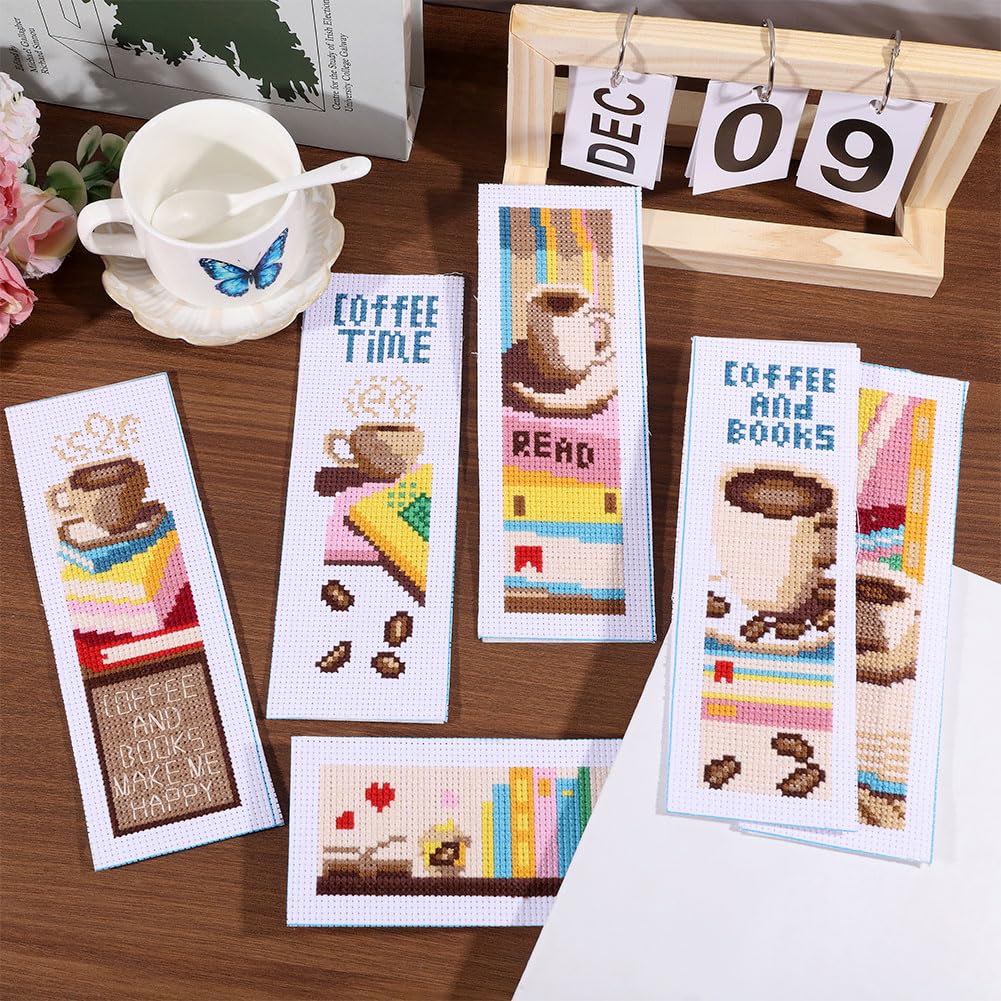 ORIGACH 6 Pcs Cross Stitch Bookmark Kit for Beginner Adults Coffee and Books Stamped Embroidery Bookmark Kit with Instruction for Starters Printed Cross Stitch DIY Kits for Book Lovers - Image 3