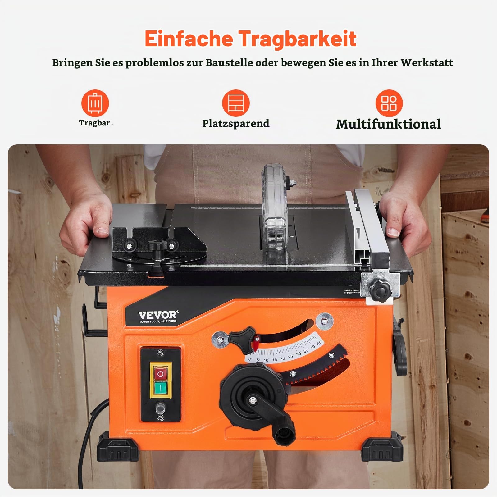 VEVOR Tischkreissäge, 210 mm, 1200 W Baukreissäge, 225 mm max. Schnittkapazität, 4800 U/min Schnittgeschwindigkeit, mit 24-Zahn-Sägeblatt, Gehrungsanschlag, für Heimwerker-Holzbearbeitung & Möbelbau