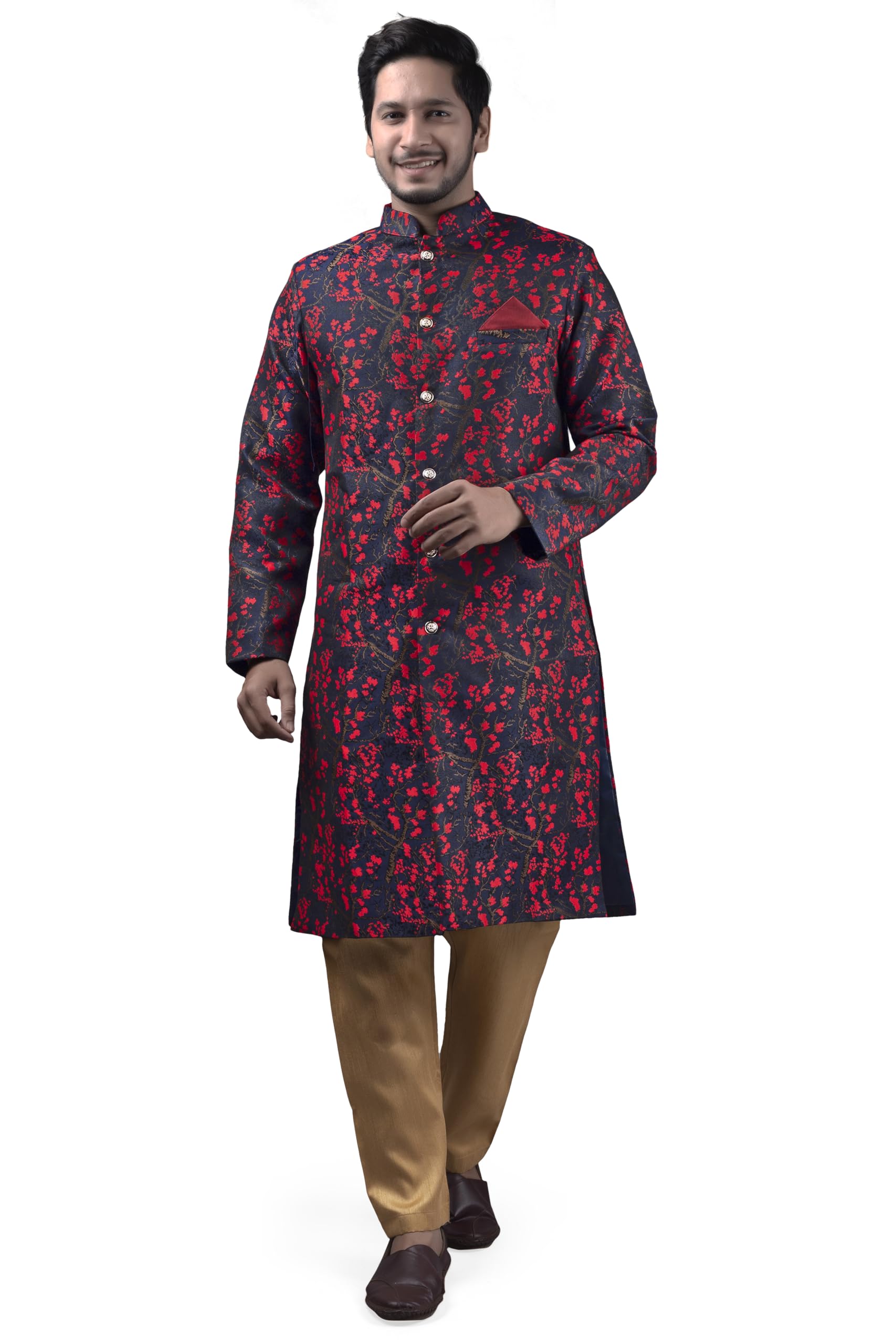 amzira Men's Cotton Silk Printed Sherwani Set with Mandrian Collared Neck Long Sleeves Button Closure Kurta and Solid Pyjama-picture-27