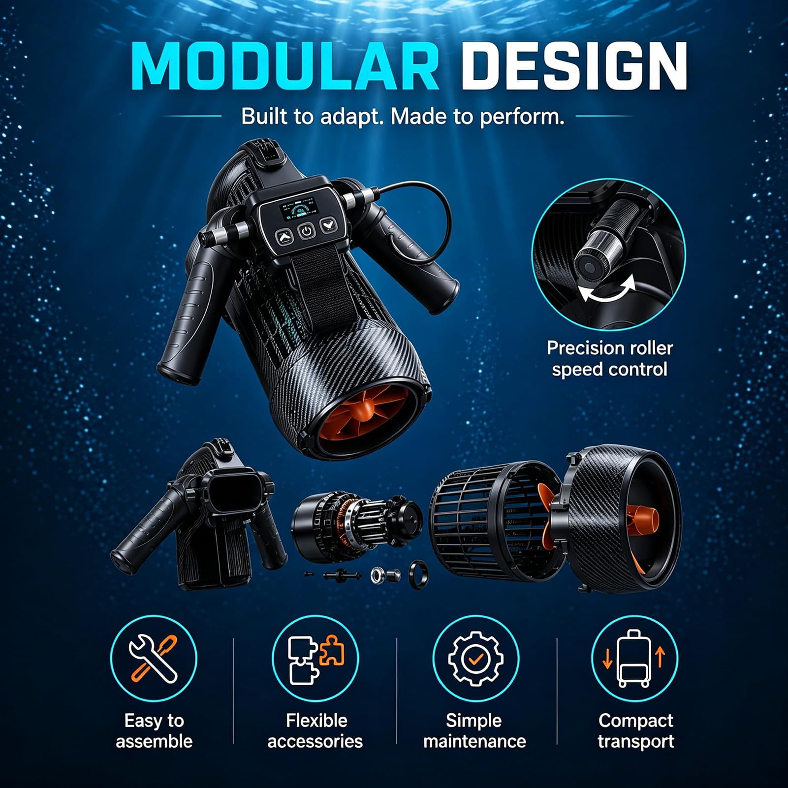 Scooter Submarino de 650W, Vehículo de Propulsión Subacuática para Buceo con 2 Baterías de 4400mAh y 2 Gafas de Natación, Profundidad Máxima de 40 m, Velocidad Máxima de 7 km/h, Empuje de 7,8 kg