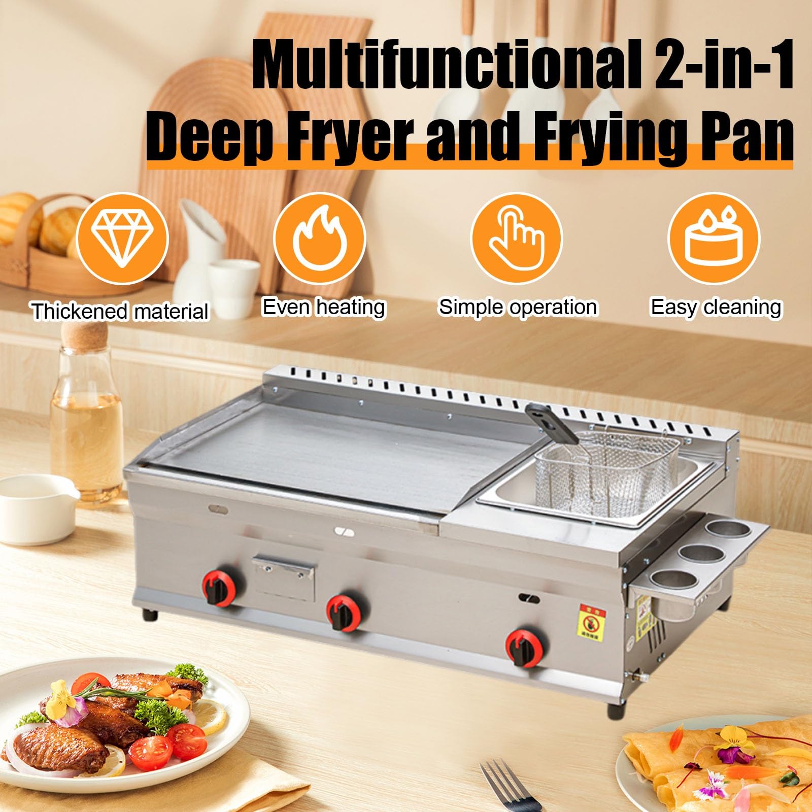 Friggitrice Professionale Inox Piastra a Gas Con Friggitrice, Riscaldamento Rapido Con Struttura in Acciaio Resistente per Cucine Commerciali Molto Frequentate(Commercial)