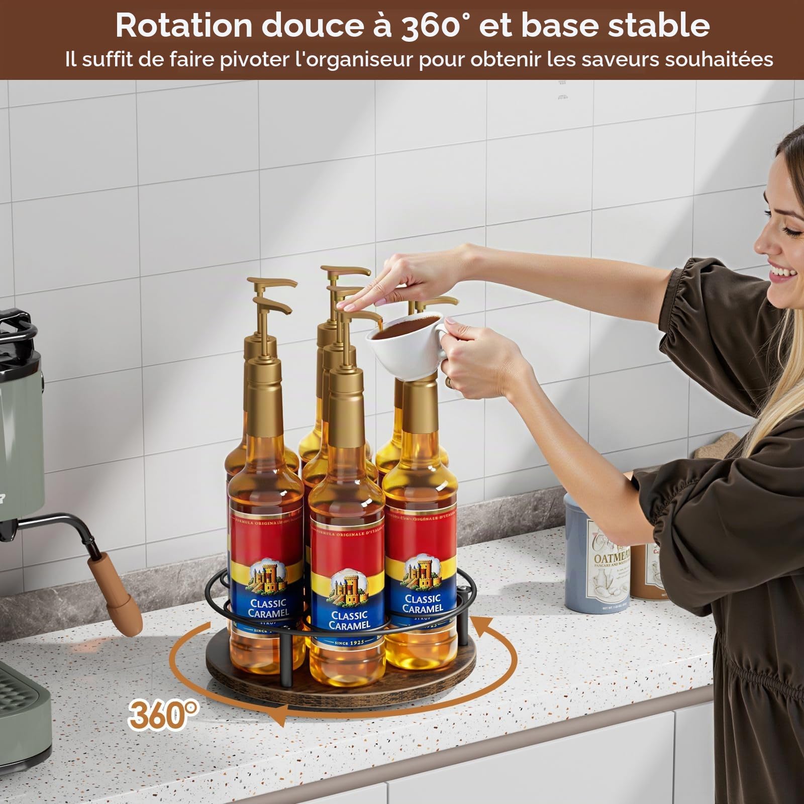 Nuovoware Support Rotatif 7 Bouteilles Sirop Café, Support en Acier au Carbone avec Base en Bois Support pour Bouteilles de Sirop de Café pour Sirops Aromatisés Thermos Liquor de Table, Noir+Marron