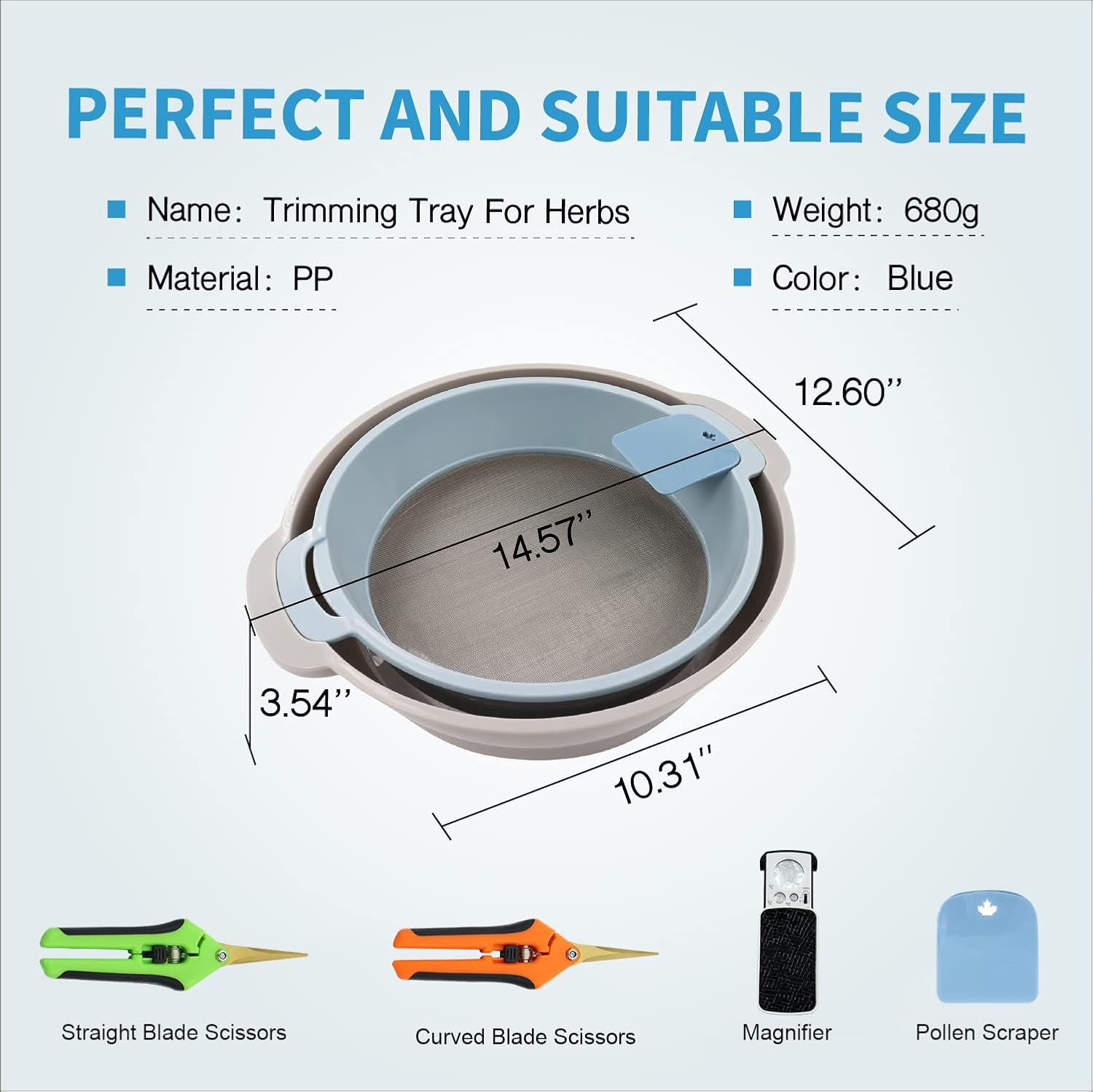 Trimming Tray KIT: Trimming Tray with Screen + Curved & Straight Blade Trim Scissors + Illuminated Loupe, Sturdy Trim Bin