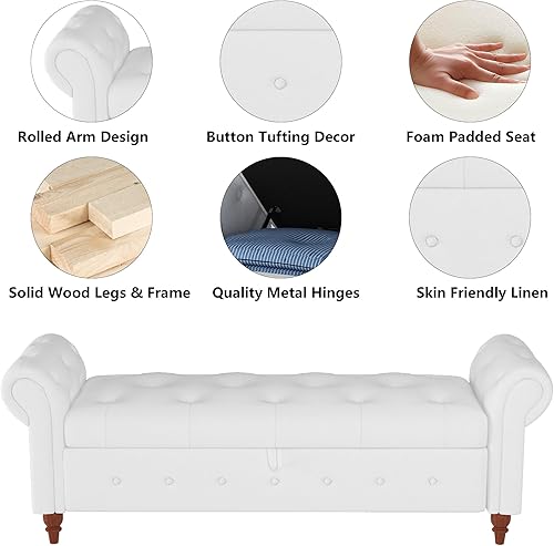 Miniatura 22 de Aoowow Banco de almacenamiento de 63 pulgadas para dormitorio, extremo de la cama, sofá otomano enrollado de tela de terciopelo armado, banco largo