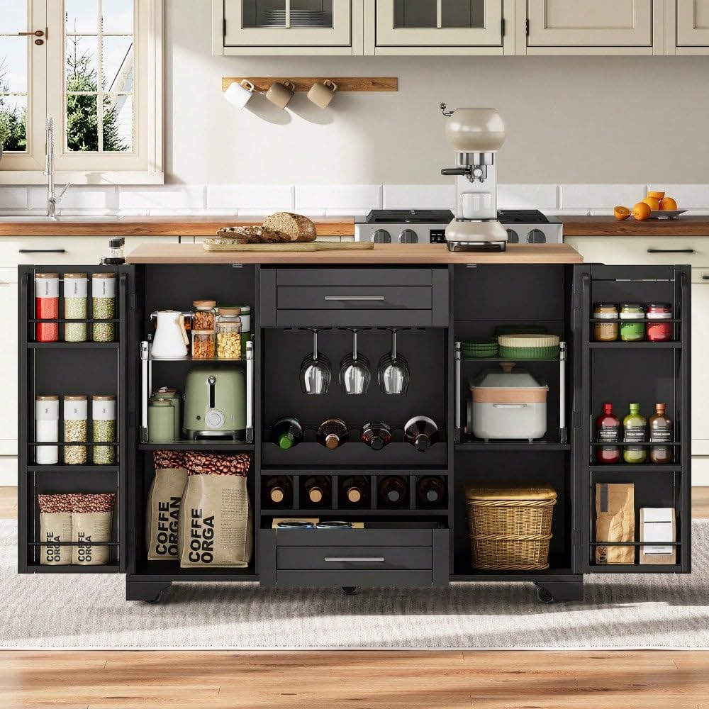 Tavolo da cucina con occhio mobile nero – piano di lavoro pieghevole, stoccaggio integrato (vino, bicchieri, spezie) e portasciugamani (nero + naturale + MDF + europeo)