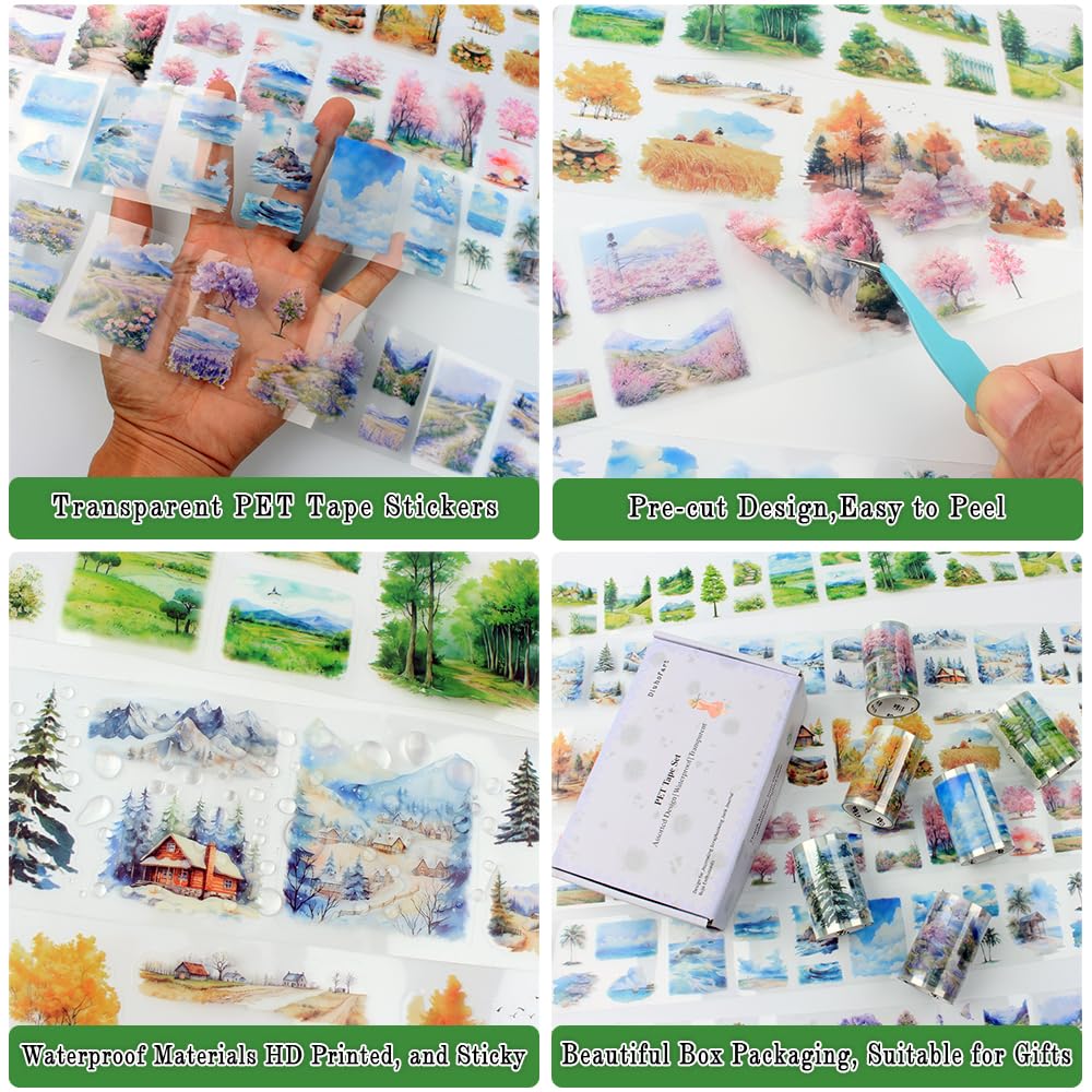 Kraeoke 6 Rolls PET Washi Tape Set Washi Stickers Retro Scrapbooking Stickers Colourful Stickers Photo Album for Bullet Journals Crafts Gift Pack (Style 4
