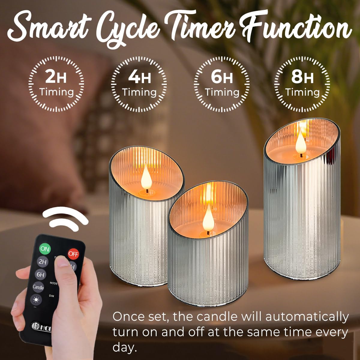 LEDHOLYT Set di 3 candele ricaricabili senza fiamma, con LED tremolante, in vetro, con telecomando e timer, batteria incorporata, candela elettronica in vera cera per decorazione della stanza