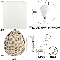 Vista 4 de Boho Rattan Table Lamp - 3 Color Temperature, Handwoven Nightstand Lamp for Bedroom & Living Room