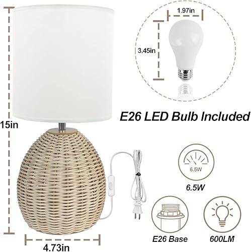Miniatura 4 de Lámpara de mesa de ratán boho - 3 temperaturas de color, lámpara de mesita de noche tejida a mano para dormitorio y sala de estar