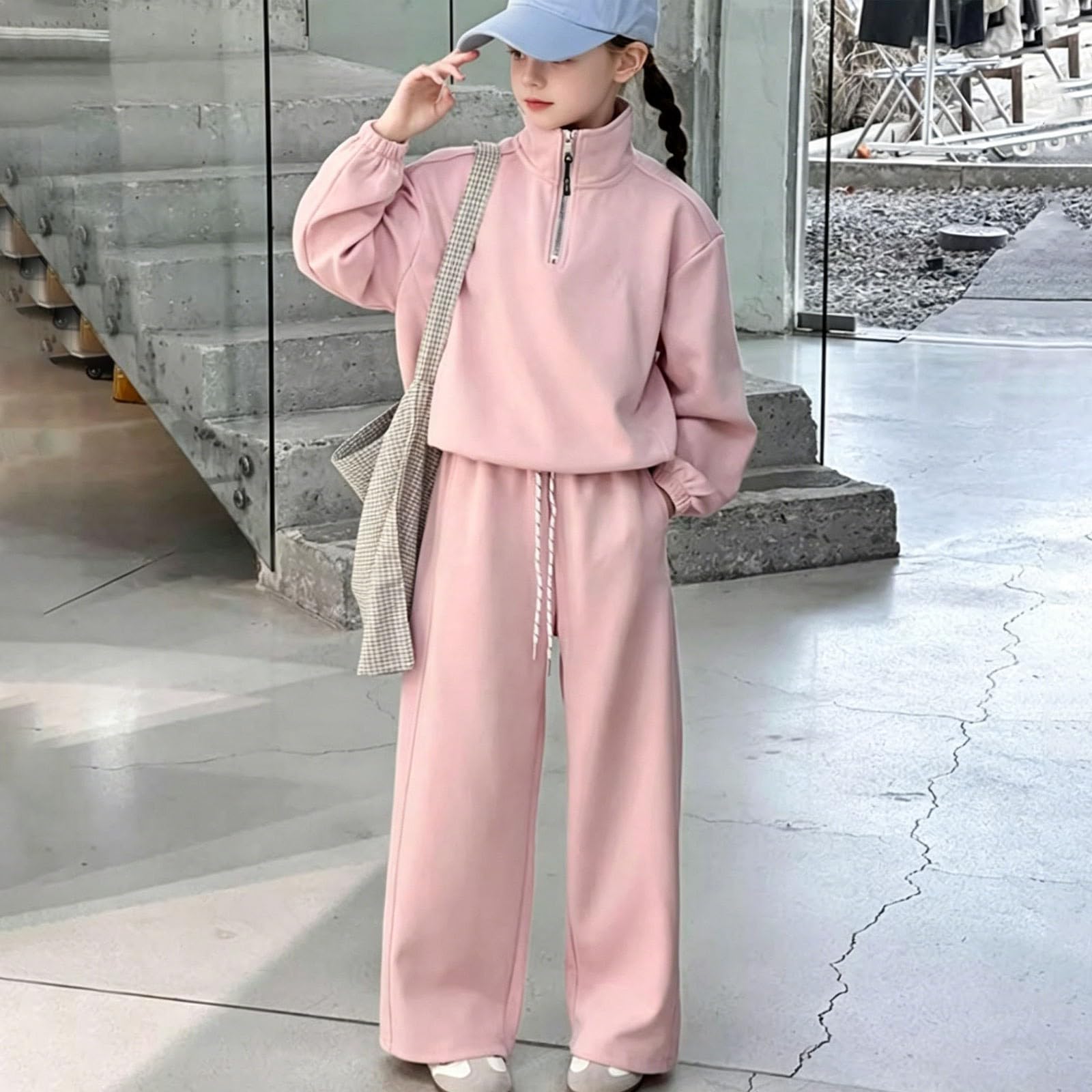 Tuta da ragazza con cappuccio e pantaloni della tuta con mezza zip, rosa, 7-8 anni | Felpa con cappuccio e pantaloni sportivi per bambini, set da 2 pezzi, per la scuola, casual, comodo, con cerniera a un quarto