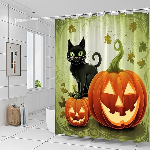 Miniatura 3 de Cortinas de ducha de Halloween, diseño divertido de calabaza de dibujos animados naranja y gato negro, decoración de baño para niños, juego de