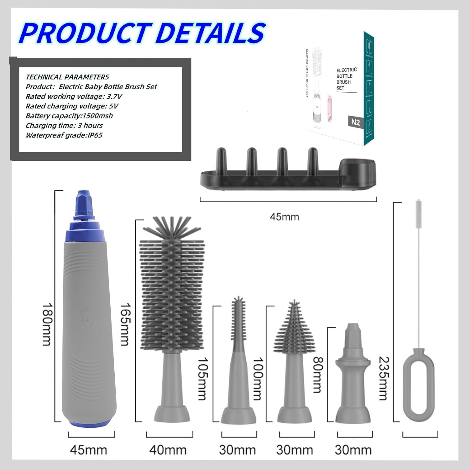 Electric Baby Bottle Cleaner with Drying Rack, Silicone Bottle Brush Set, Easy-Grip Handle, Rechargeable/Waterproof Spinning Brush, Grey - Image 6