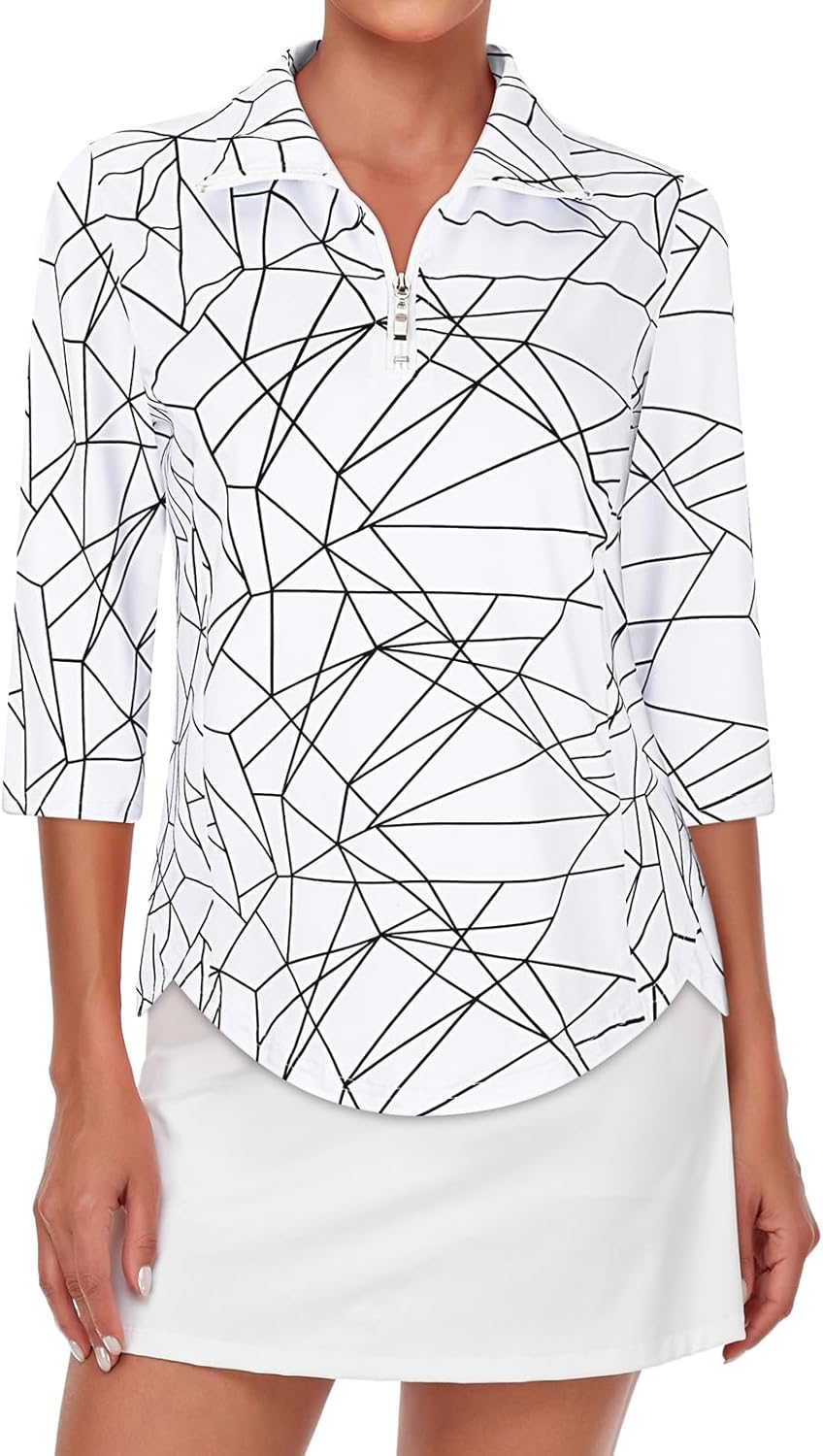 Tanst Sky Womens Golf Polo Shirts Zipper 3/4 Sleeve Moisture Wicking Tops UPF 50+ Workout Tennis Apparel