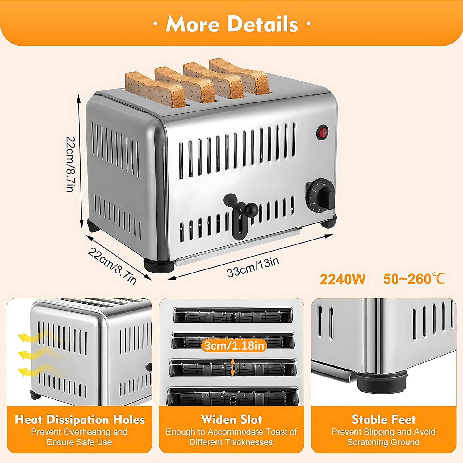 Tostadora De Acero Inoxidable 4, Tostadora Comercial De 2240 W, Ranura Ancha, 5 Niveles De Dorado, Parada Automática, Máquina Para Hornear Pan Con Función De Sincronización, Bandeja Para Migas