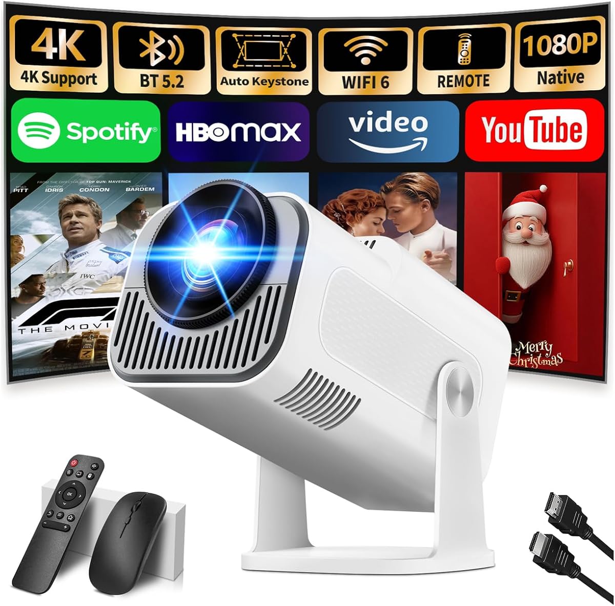 [Projector 2026 Upgraded] Mini Projector Support 4K 1080P Auto Keystone 270°Rotatable with WiFi 6 and Bluetooth 5.2 Projector Portable Compatibile with HDMI/TV Stick/Memory Stick/Laptop,White