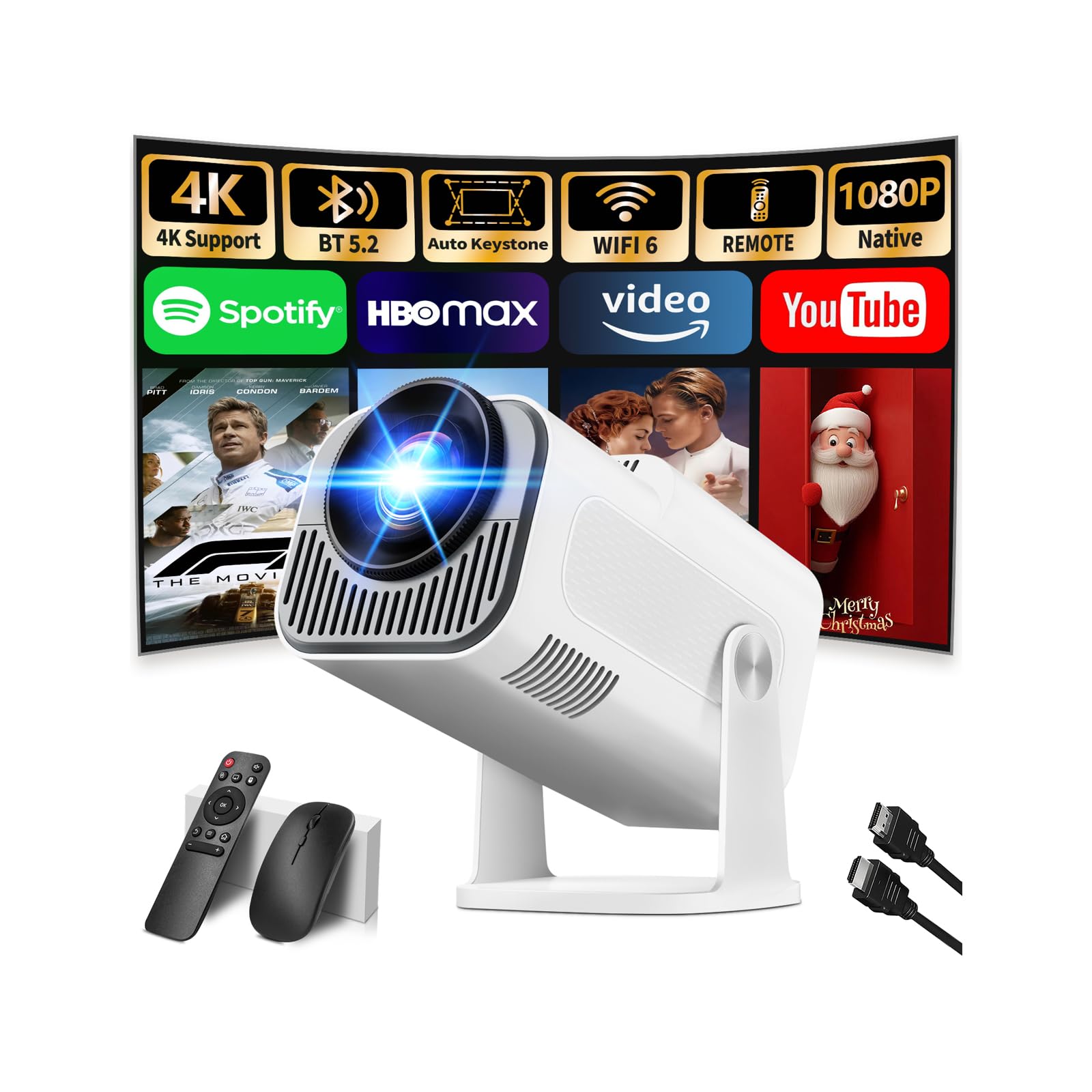 Photo 1 of [Projector 2026 Upgraded] Mini Projector Support 4K 1080P Auto Keystone 270°Rotatable with WiFi 6 and Bluetooth 5.2 Projector Portable Compatibile with HDMI/TV Stick/Memory Stick/Laptop,White