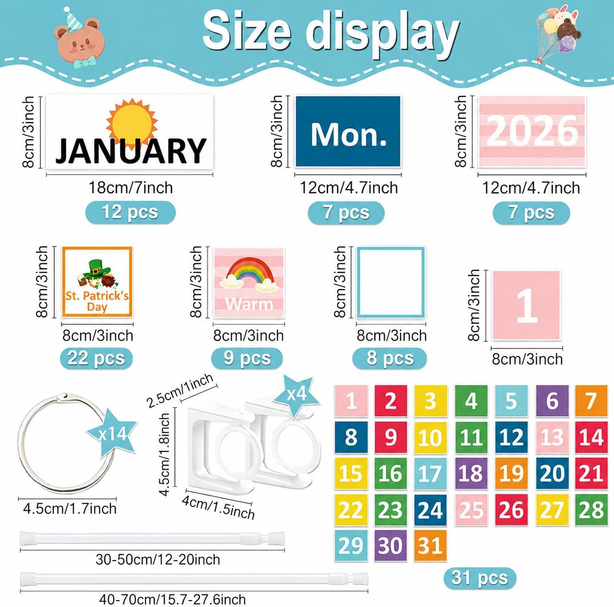 96 Cards Classroom Bulletin Board Decorations Set for Teachers,Flip Calendar with Holder for Classroom,Adjustable Calendar,Preschool Elementary Home Decor Supplies（Rainbow） image 3