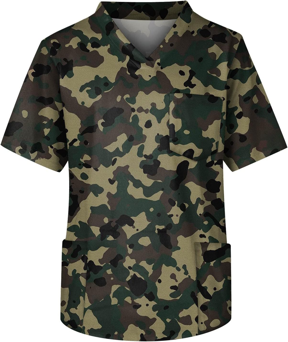 Camouflage Scrub Tops for Men Soft Plus Size V-Neck Short Sleeve Funny Print Medical Workwear with 3 Pocket S-5XL