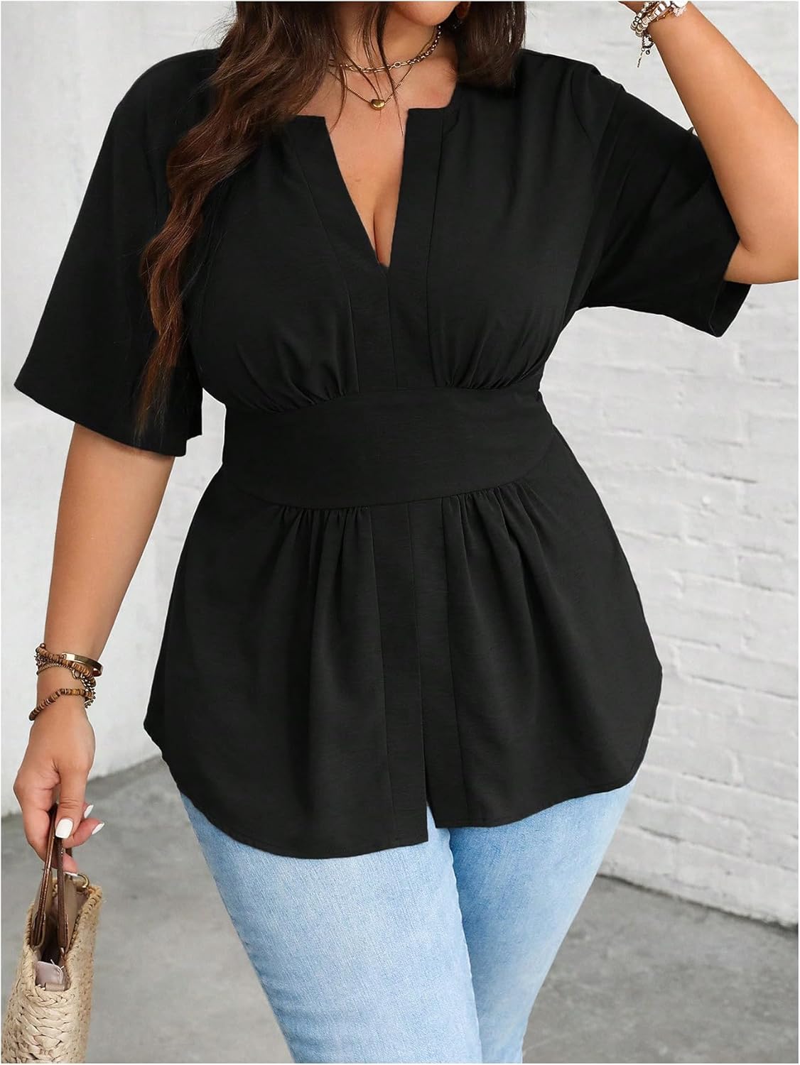 GORGLITTER Women's Plus Size Peplum Tops Short Sleeve V Neck Asymmetrical Blouse Shirts Summer Going Out Tops 2025 - Image 6