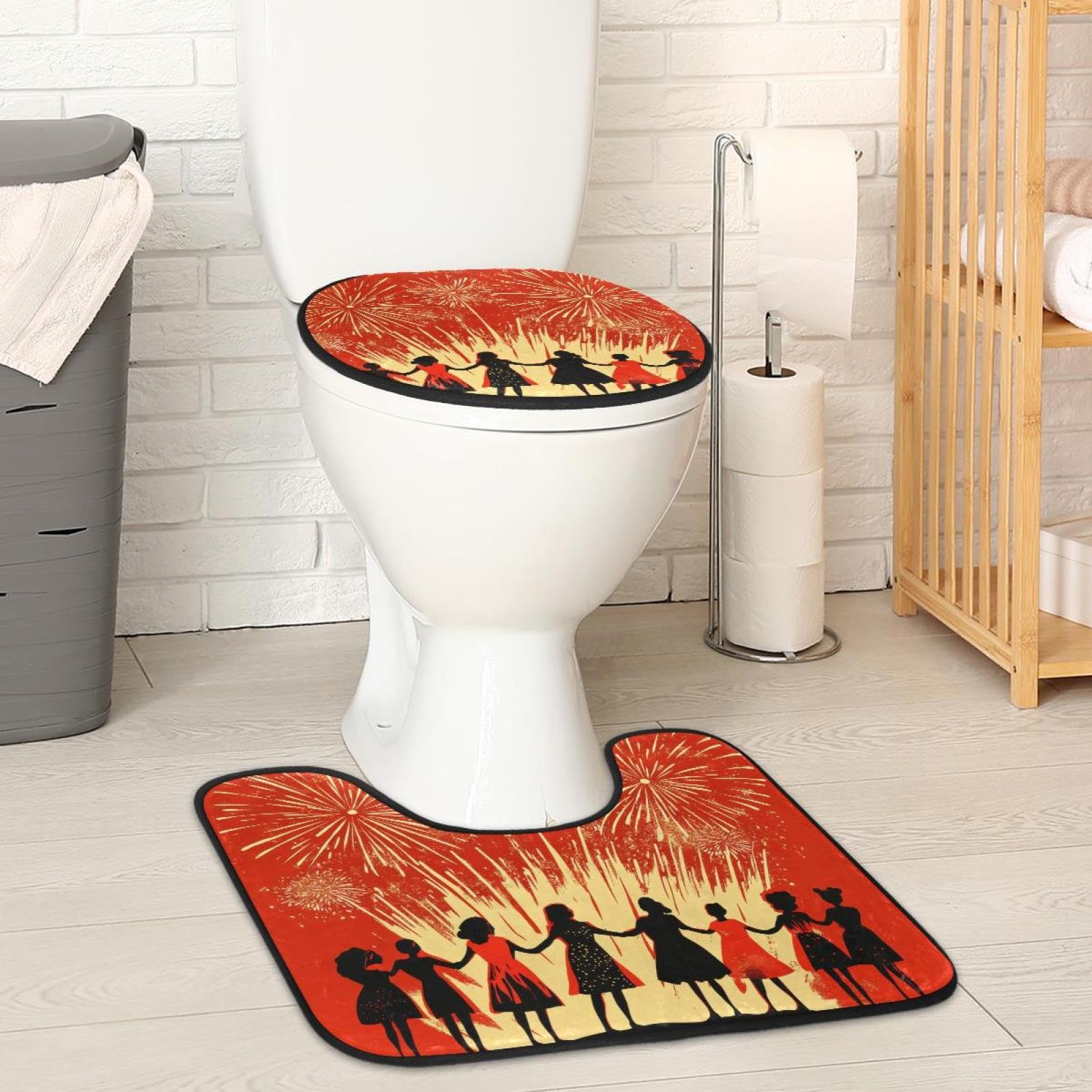 2 Pieces Flannel Toilet Contour Mat and Toilet Lid Cover, Soft Toilet Lid Cover Set Machine Washable Non Slip Contour Mat for Bathroom Decor Accessories