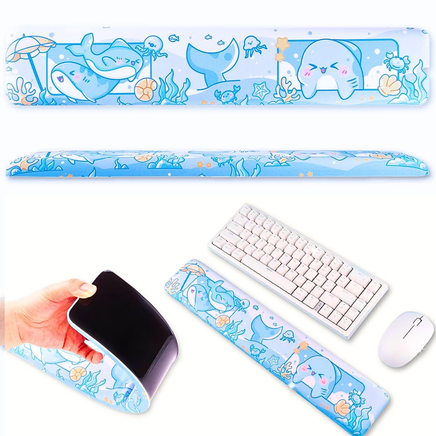 BelugaDesign Shark Wrist Rest | Cute Kawaii Anime Pastel Blue Wrist Pad | Ocean Underwater Nonslip Mat for Gaming Computer Laptop Desk Keyboard
