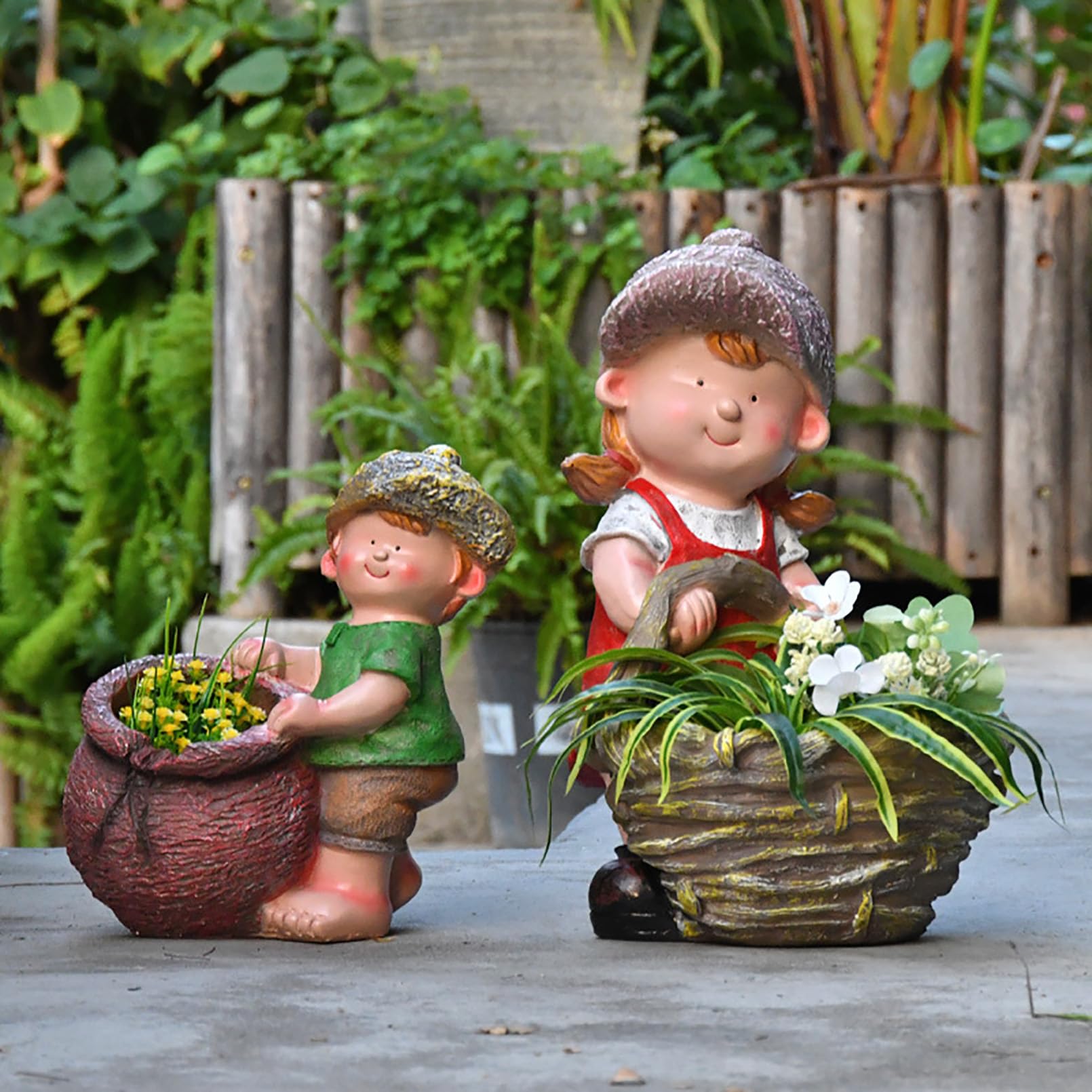 Grande Figura da Giardino con Vaso di Fiori Decorazione da Giardino per Esterni, Simpatico Personaggio dei Cartoni Animati da Statua Figura, Resistente alle intemperie,Verde,28x25x16cm