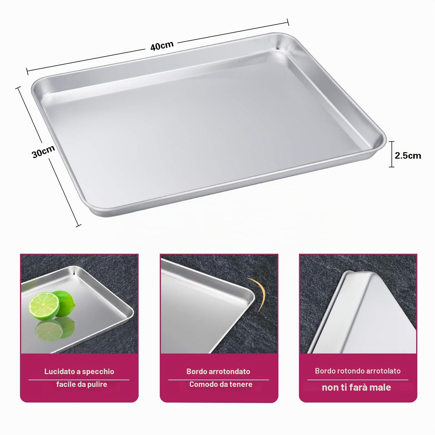 HaWare - Teglia da forno, in acciaio inox, set da 2 pezzi, 40 x 30 x 2,5 cm, rettangolare, per cuocere e servire, atossica e sana, facile da pulire e lavabile in lavastoviglie