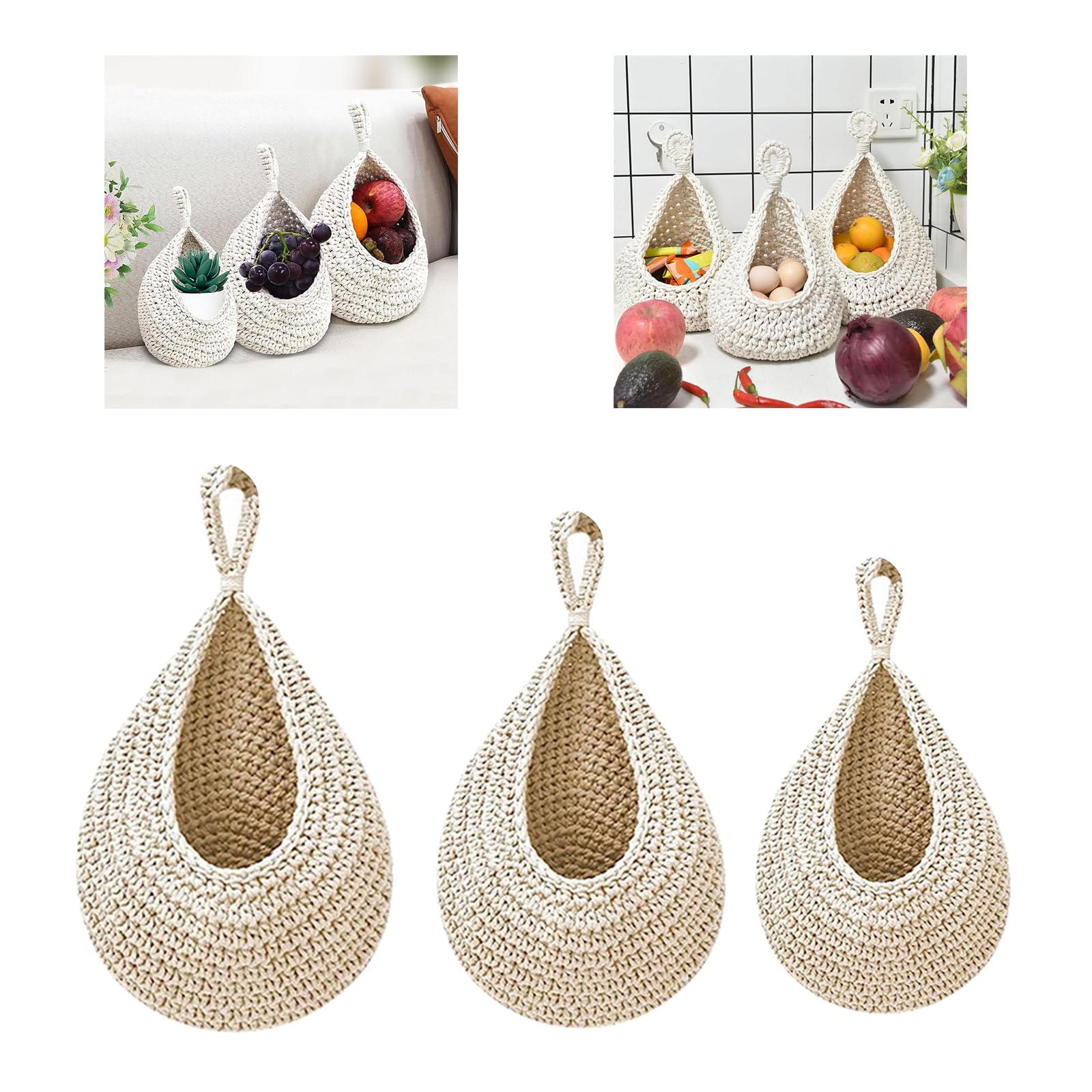 NUOOO Cesto Appendibile A Goccia Intrecciato A Mano In Corda Di Cotone - Bianco 35x27 Cm - Portafrutta Traspirante Per Cucina, Cipolle E Patate - 3