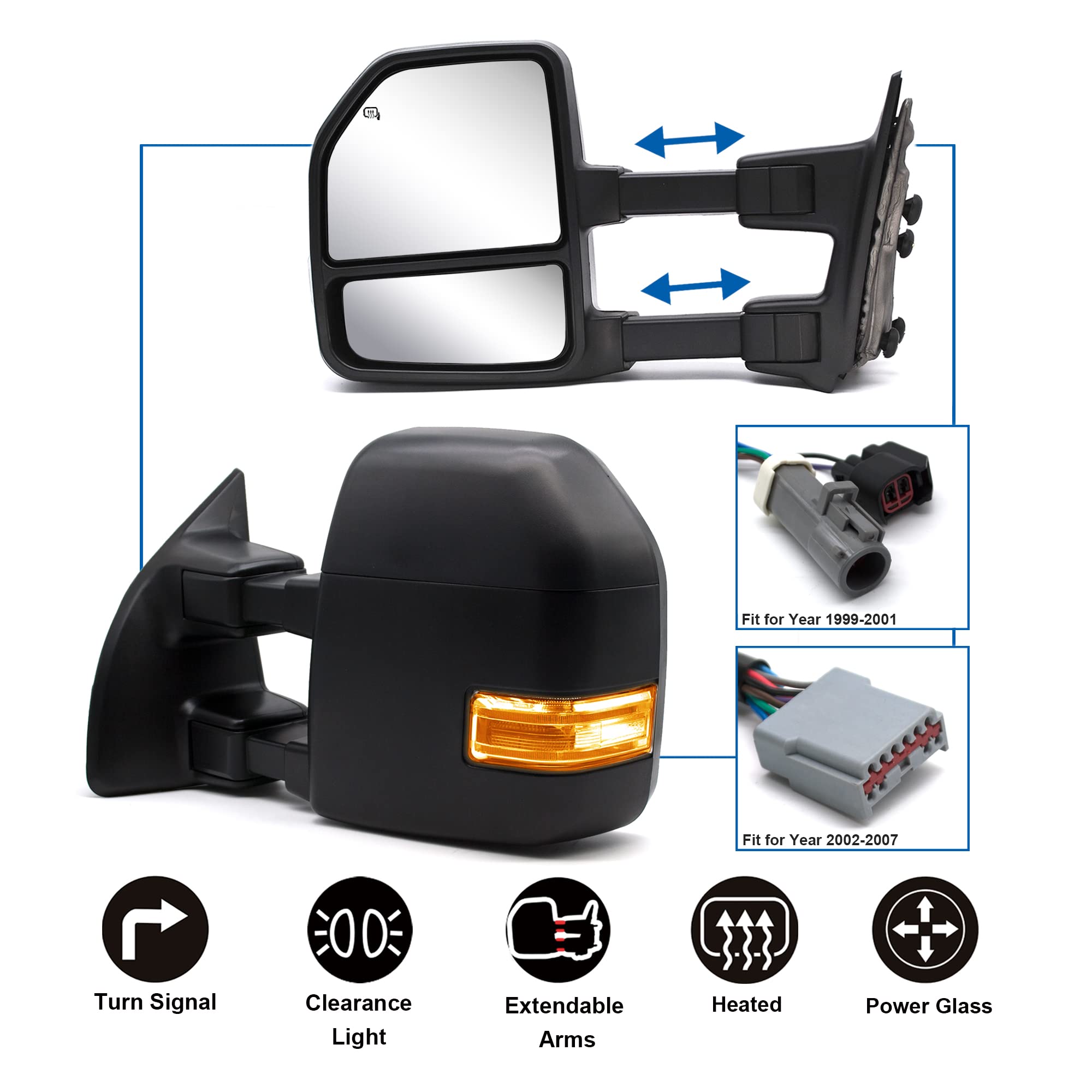 JZSUPER Towing Mirrors fit for 1999 2000 2001 2002 2003 2004 2005 2006 2007 Ford F250 F350 F450 F-550 Super Duty Power Heated Turn Signal Auxiliary Light Black Cap