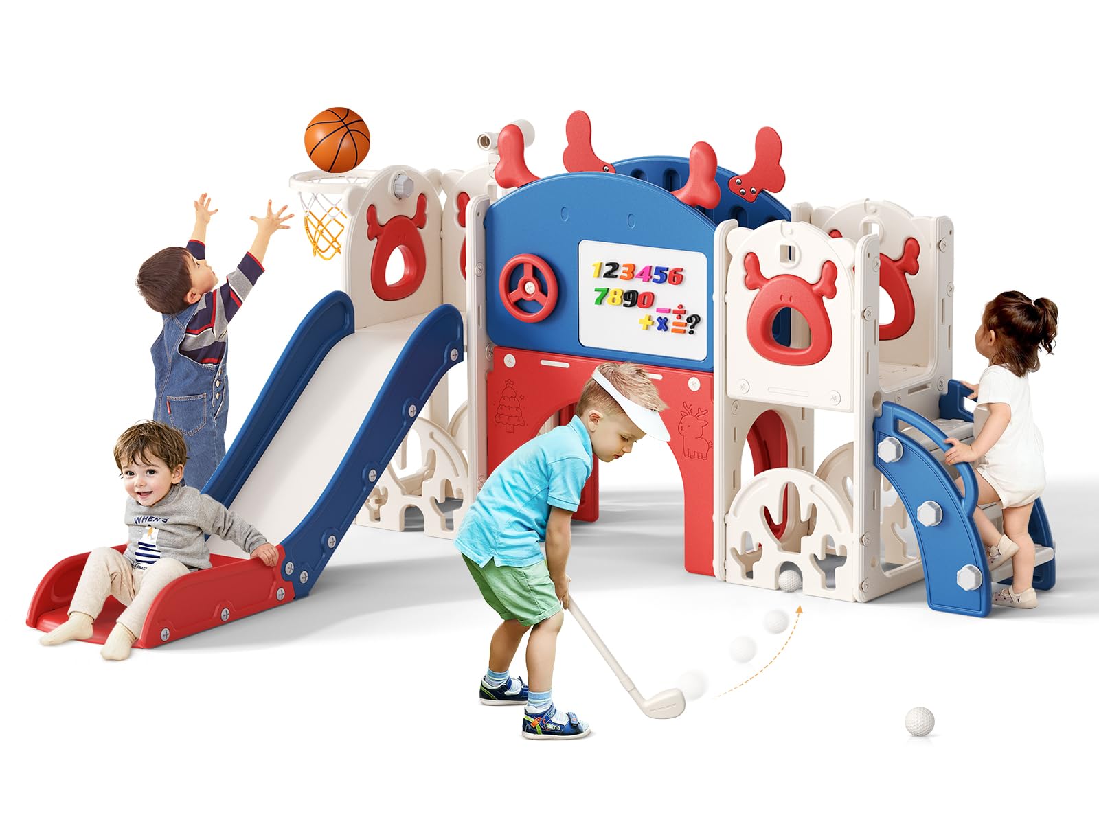 Krovtoy Toddler Slide Christmas Elk Theme Toddler Slide Freestanding with Basketball Hoop, golf set Indoor Outdoor Garden Slide Playground for Toddlers (7-in-1 blue-red)