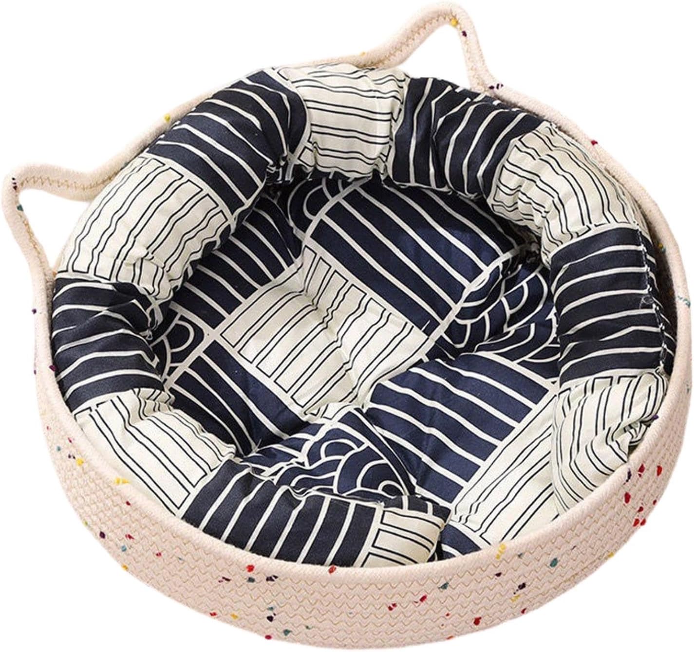 Small Dog Bed, 18 Inch Cotton Rope Handwoven Round Removable Washable Soft Cushion Dog Beds for Small Dogs,Raised Edges Warm Round Dog Bed for Indoor Cats Kitten Puppy Rabbits Small Pets,Blue:Medium