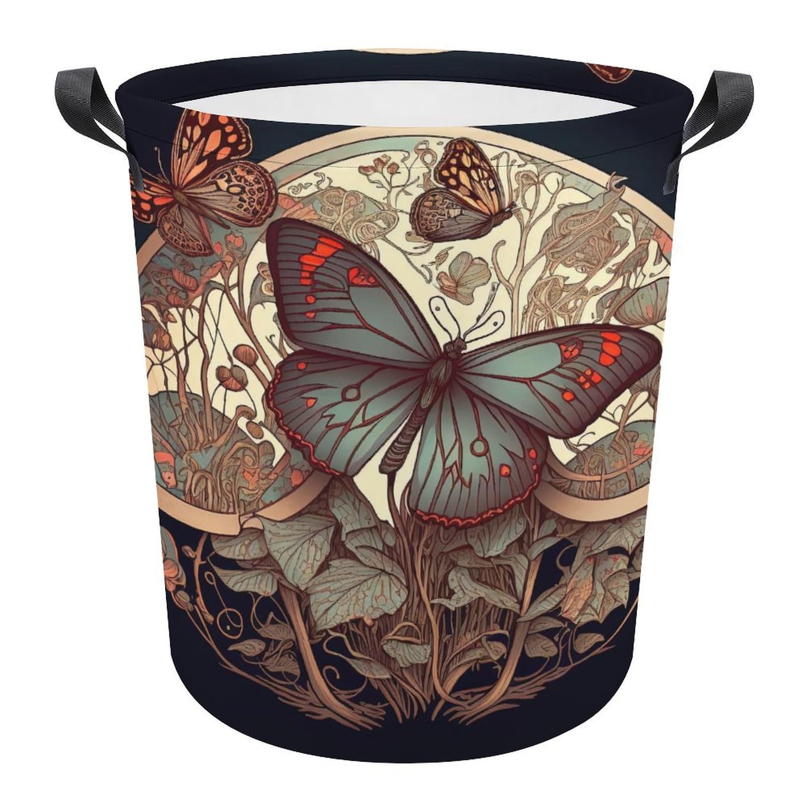 Cesta de ropa sucia moderna con mariposas fantásticas para organizar el baño de estudiantes