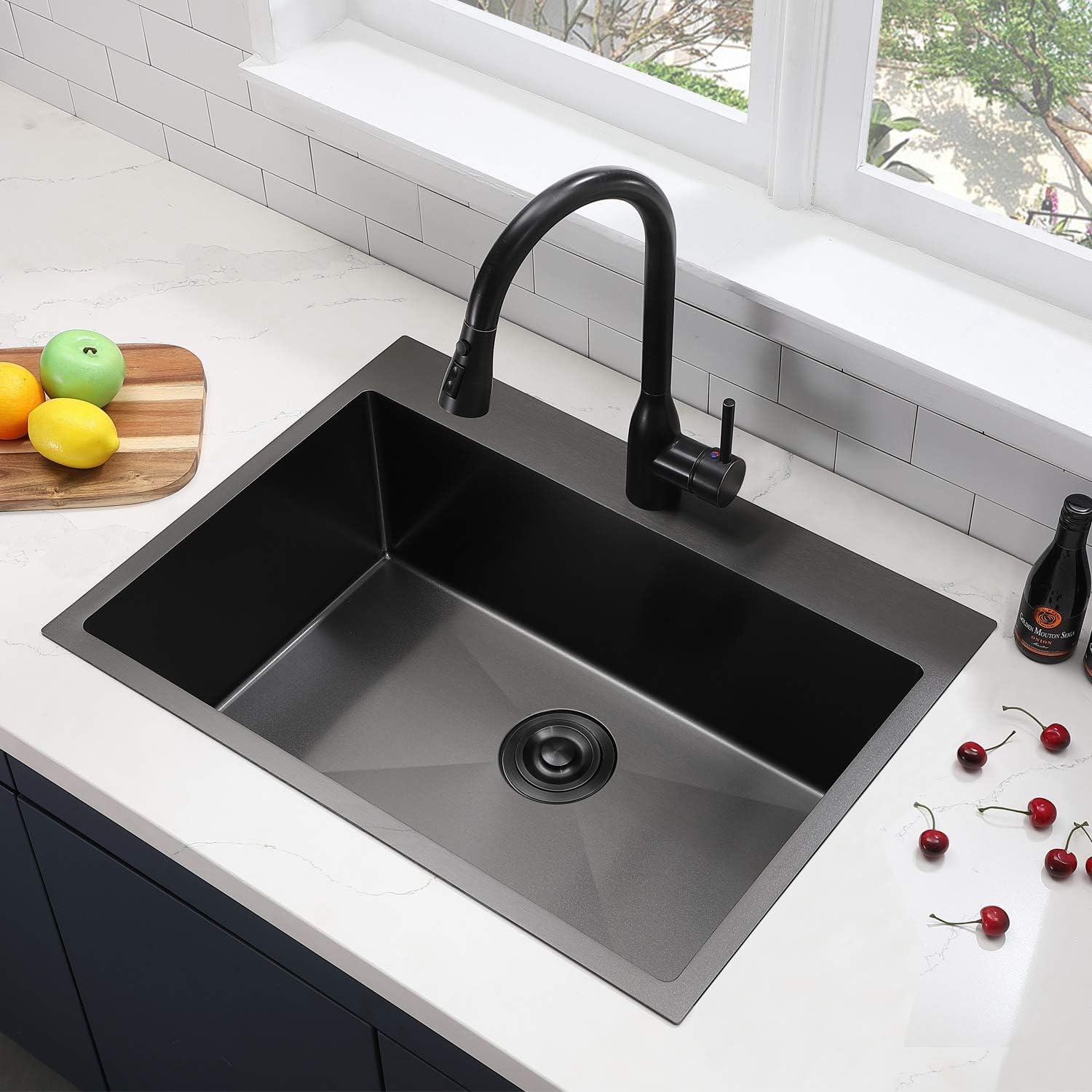 VAPSINT Küchenspüle 76,2x55,9 Cm – Topmount Aus Edelstahl Mit Schneidebrett & Sieb, Schwarz