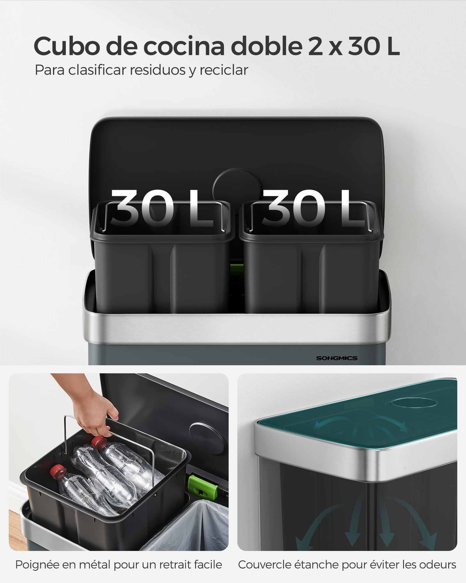 SONGMICS Cubo de Basura Doble, 2 x 30 L, Acero Inoxidable, con 15 Bolsas de Basura, con Cubos Interiores de Plástico, Tapa con Bisagra, Cierre Suave, 58,2 x 36,5 x 60,5 cm, Gris Verdoso LTB202G01